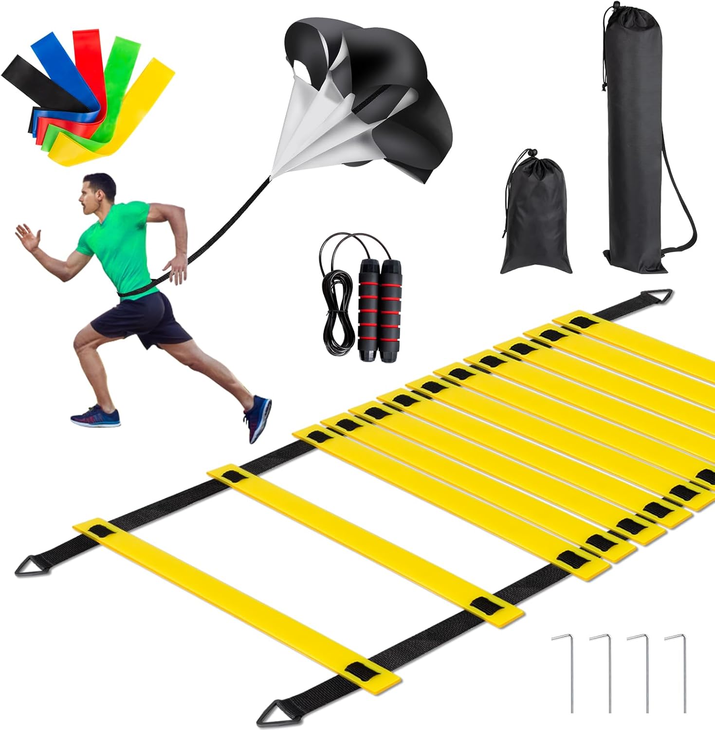 Soccer Training Equipment Set, 20 Feet 12 Rungs Pro Speed & Agility Ladder, Resistance Parachute, Jump Rope, 5 Resistance Bands with Carrying Bag - Image 2