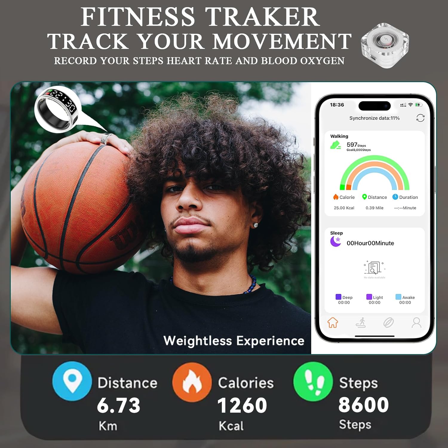 Smart Rings for Women Men,Fitness Tracker Ring,Smart Ring whth Display and Touch Button,IP68waterproof,Health Ring Tracks Heart Rate/Sleep/Steps/Blood Oxygen/Calorie/Distance,No Subscription(Silver11) - Image 4