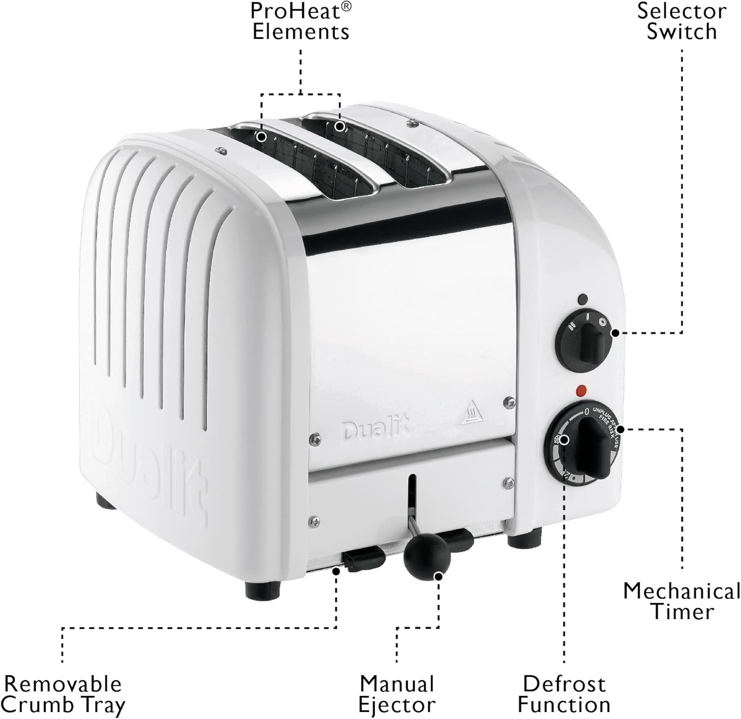 Dualit Classic 2 Slice NewGen Stainless Steel Toaster, White - Hand Built in the UK, Replaceable ProHeat® Elements – Slot Selector, Defrost Bread, Mechanical Timer-For Toast, Bagels & More - Image 8