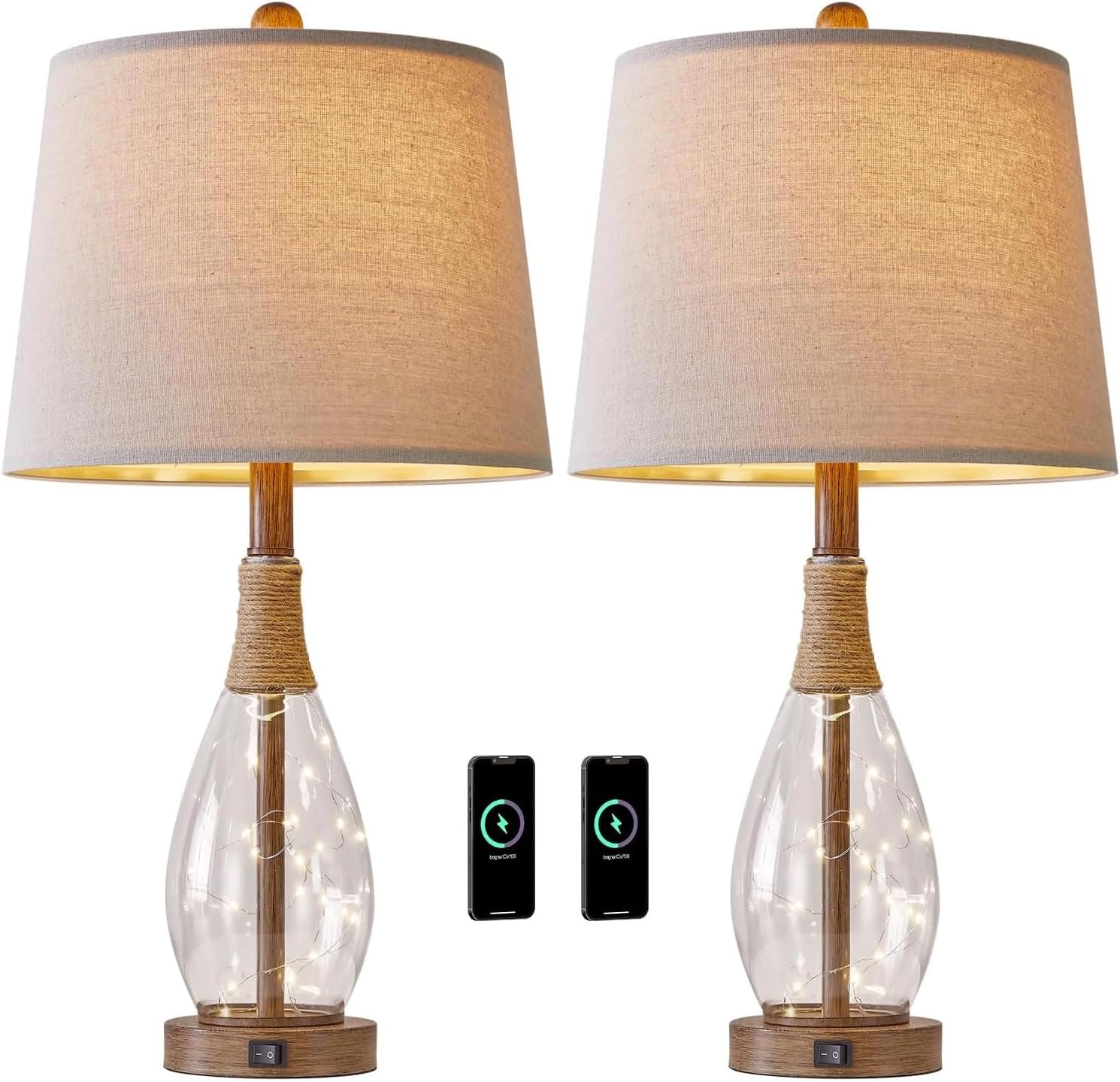 OYEARS 23" USB A+C Table Lamp Sets of 2 Modern Bedside Lamps Retro Farmhouse Rattan Glass Nightstand Nightlight Lamps for Bedroom Living Room Dorm,Two Light Points - Image 9