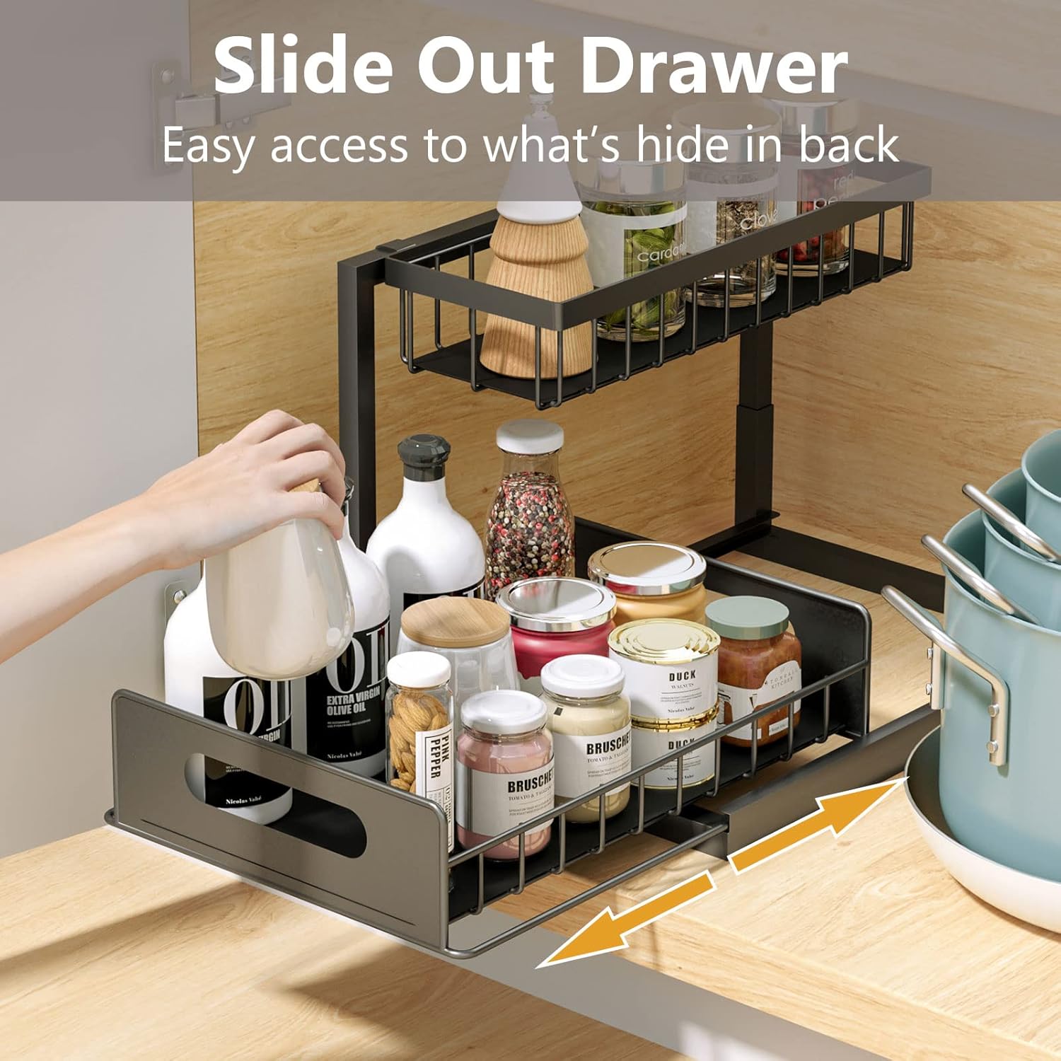 Under Sink Organizers and Storage 2 Tier Slide Out Kitchen Cabinet Organizer Sturdy Metal Bathroom Storage (Black, 2 Pack) - Image 4