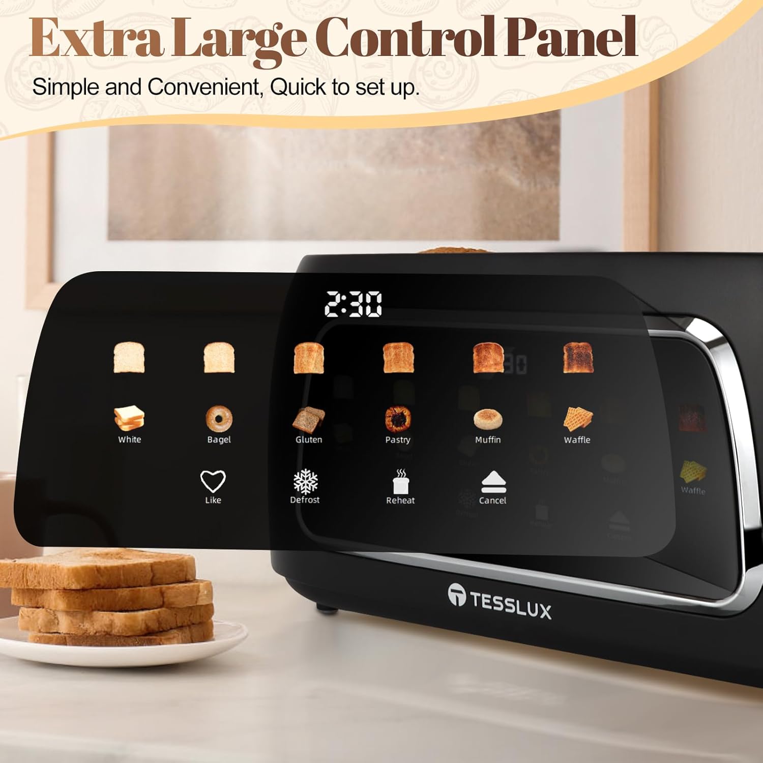 4 Slice Toaster with Touch Screen Control, 1.5" Wide Long Slots, 6 Browning Levels & 6 Bread Types, Digital Timer, Memory, Defrost, Reheat (BLACK) - Image 3