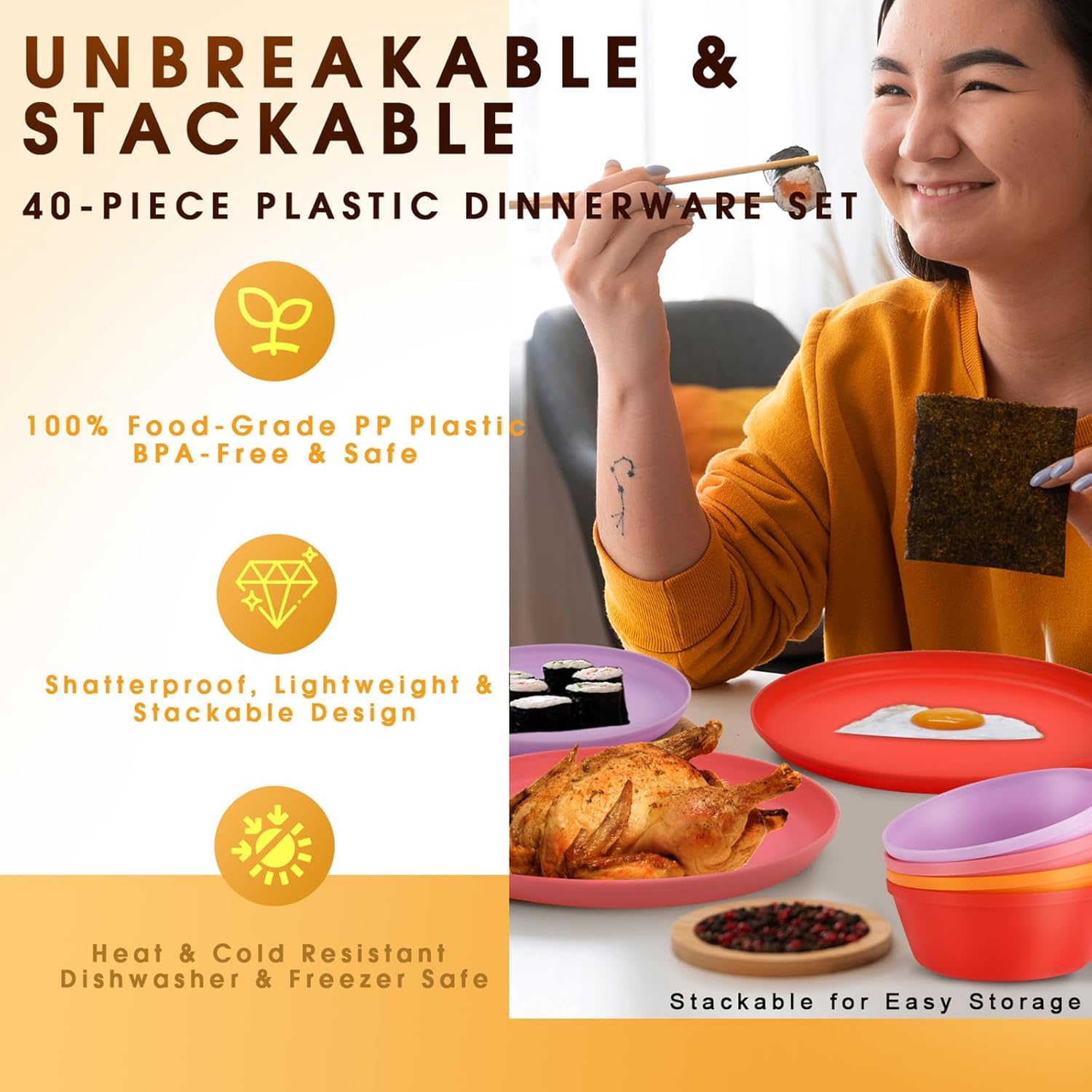 Boho Plastic Dinnerware Sets – 40-Piece Sunset Style Plates and Bowls Sets for 8, Reusable Unbreakable Dishes with Cups, Forks, Knives and Spoons, for Camping, Picnic or Everyday Use - Image 3