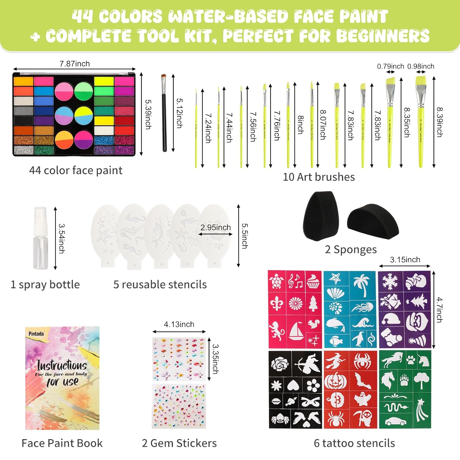 44 Color Face Painting Kit for Kids - Non Toxic Water Activated Face Paint Palette with Stencils, Brushes, Gems & Glitter. Halloween, Carnival, Party; Costume Makeup for Creative Activities - Image 3