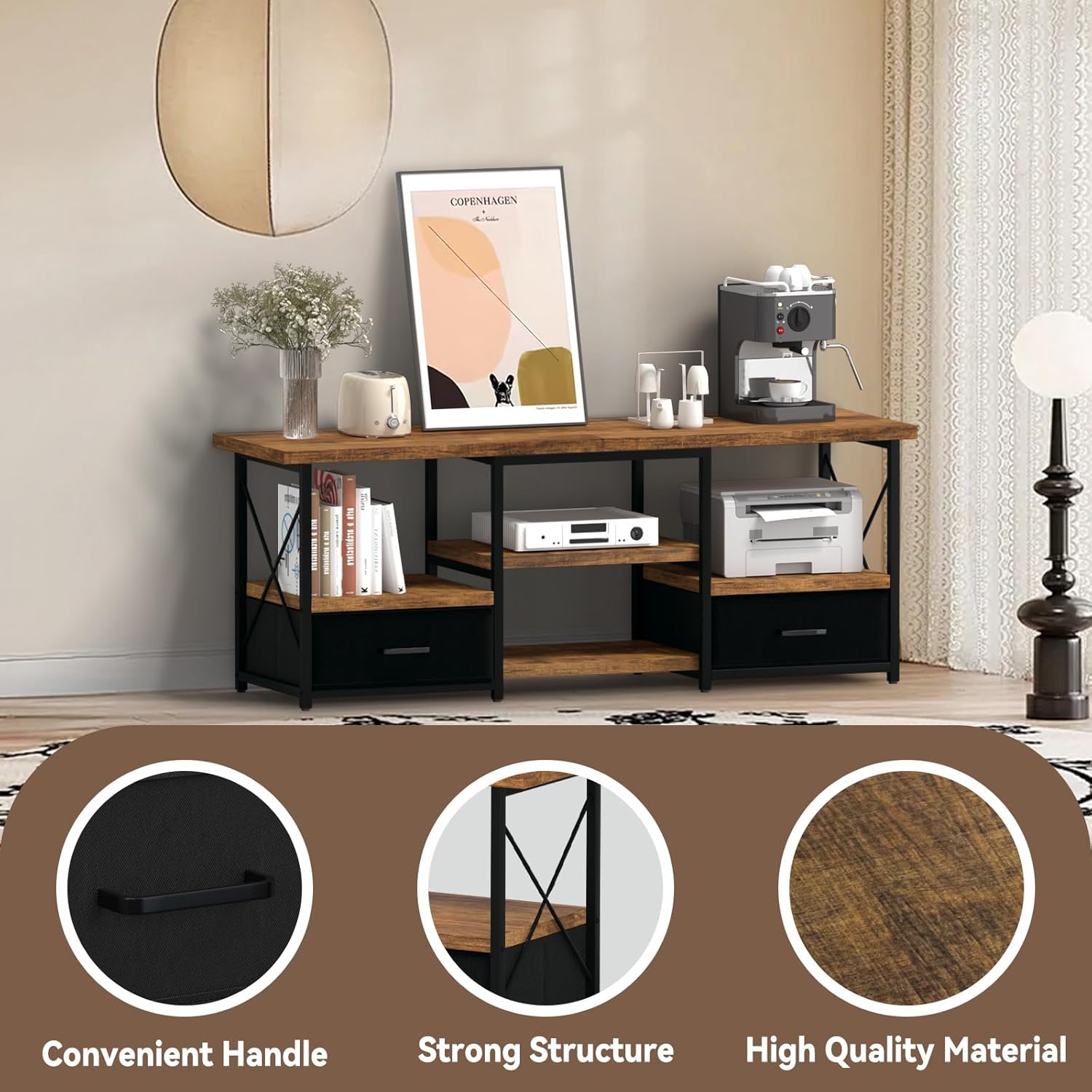 TV Stand with Fabric Drawers for 55 60 65 Inches TV - Modern Entertainment Center with Open Shelves and Cable Management, Industrial Style TV Console for Living Room, Bedroom - Image 6