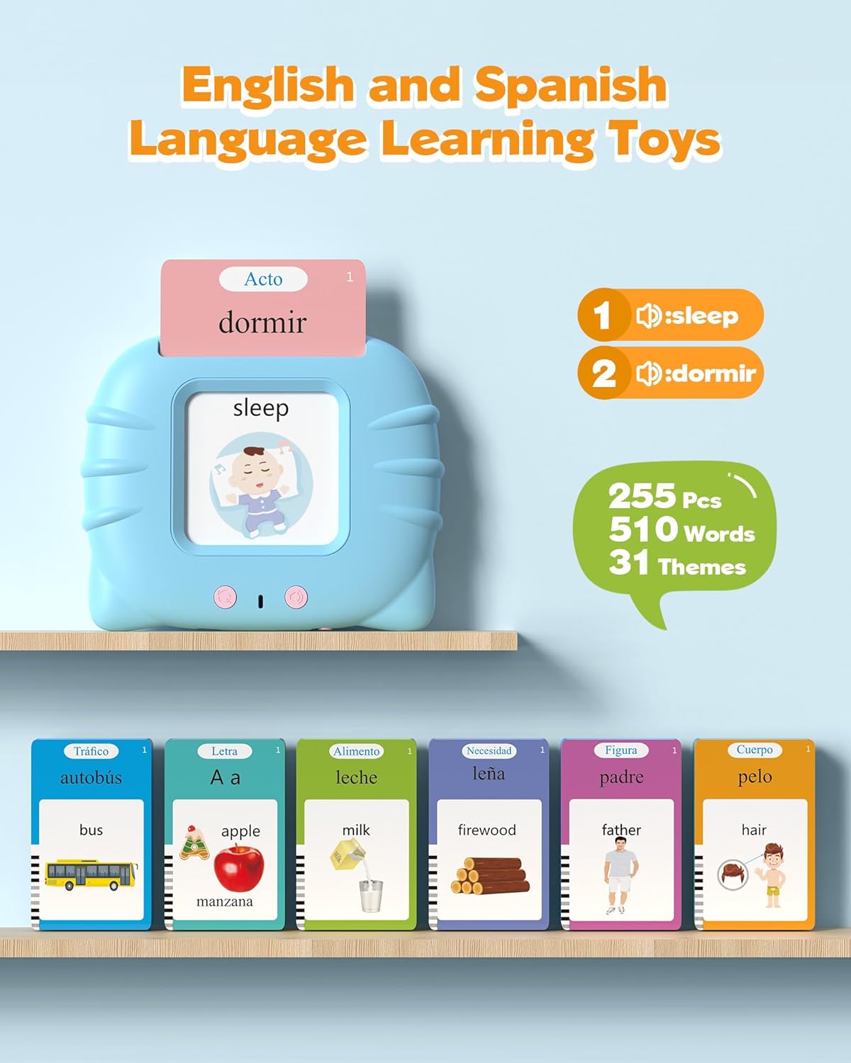 Bilingual Spanish and English Talking Flash Cards for 1-3, Pocket Speech Therapy Toys with 512 Words, Montessori Language Learning and Autism Toys, Children's Sensory Learning, Birthday Present - Image 3