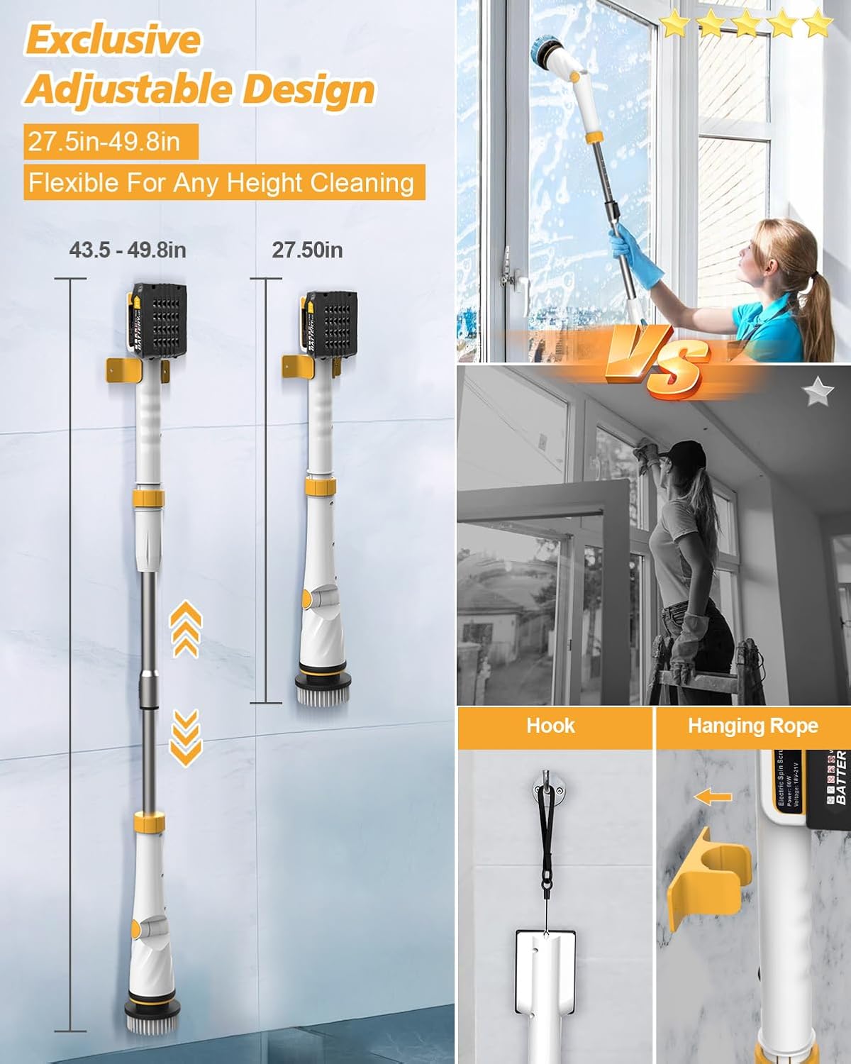 4000mAh Battery Electric Spin Scrubber, 1200 RPM Power Electric Scrubber for Cleaning,3 Speed Adjustable Handle Cordless Shower Cleaning Brush. - Image 6