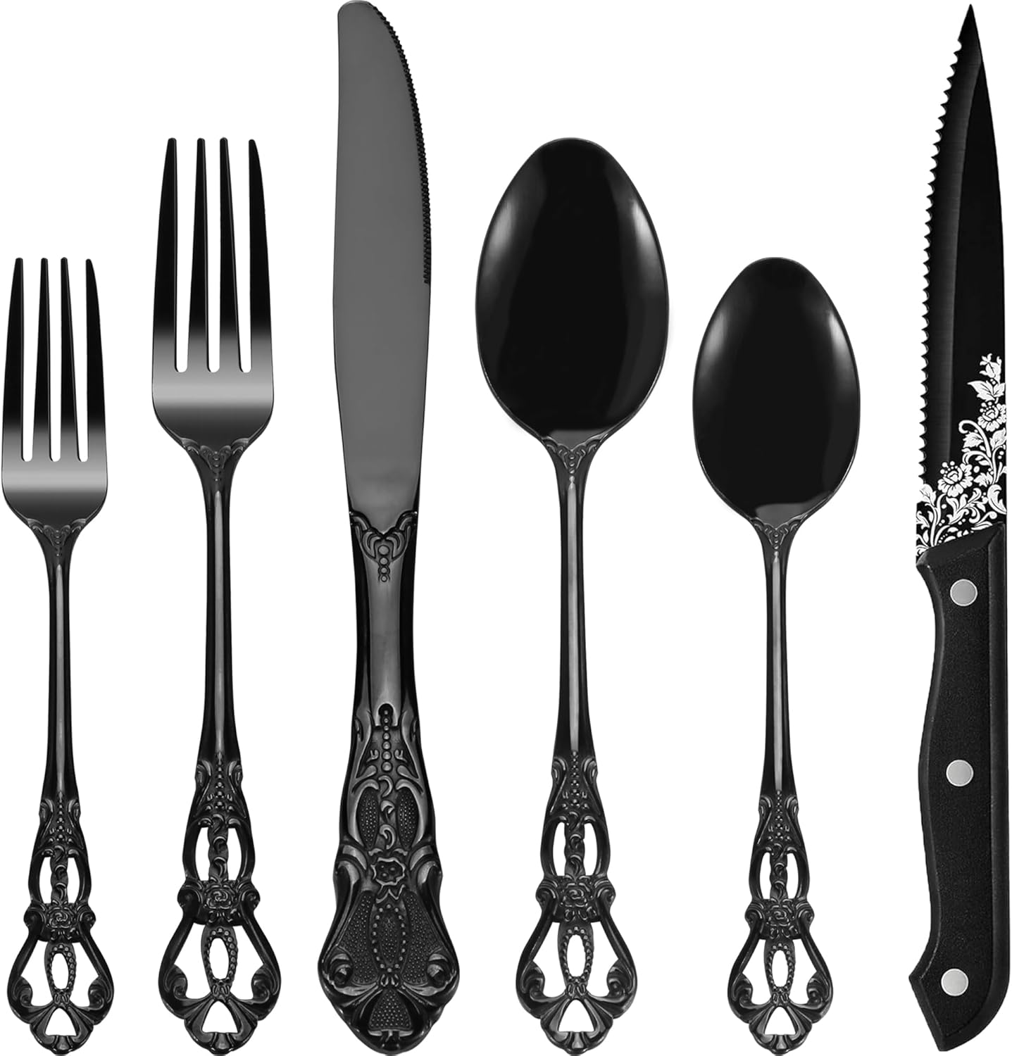 Retro Royal Black 48 Pieces Flatware Set, Gorgeous Black Silverware Set For 8, Anti-rust Stainless Steel dark Cutlery Set Utensils Including Fork Spoon and Knife - Image 2