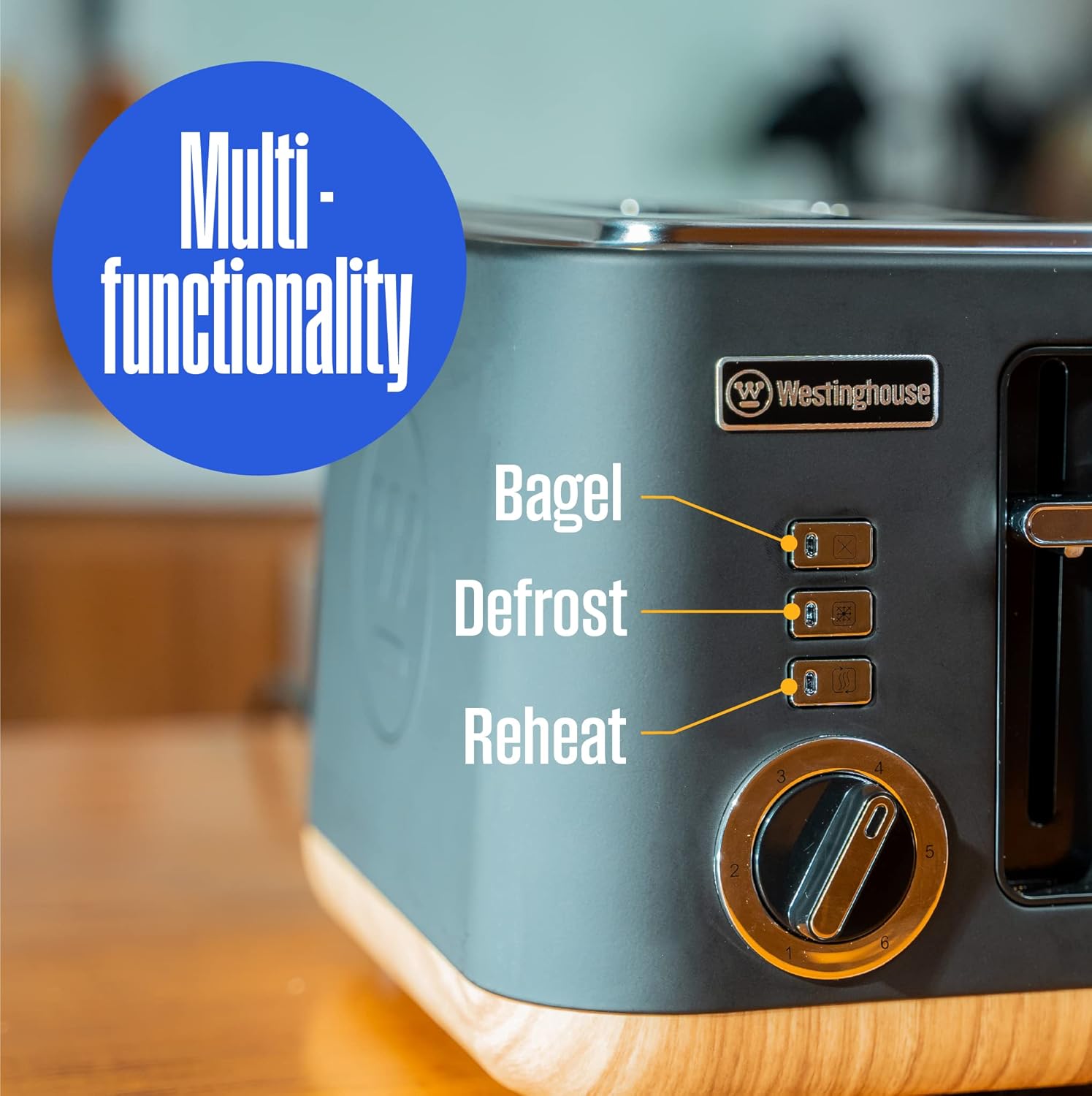 Westinghouse Scandinavian Design Toaster with Wide Slots, Removable Crumb Tray, 6 Browning Levels, and Cancel/Reheat/Defrost Options - for Bread, Bagels, & Waffles - Black with Wood Finish, 2-Slice - Image 4