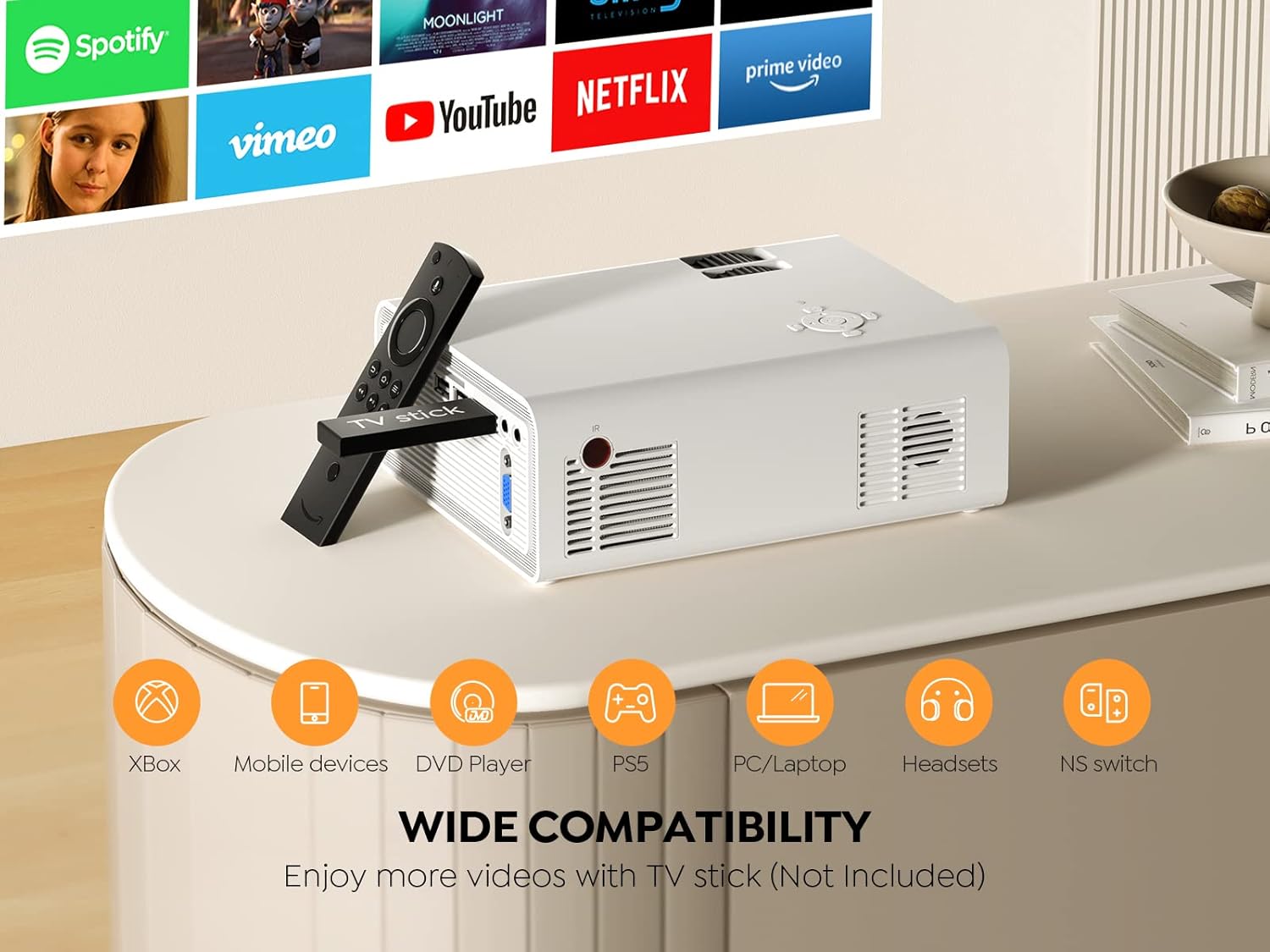 Mini Projector with WiFi and Bluetooth 5.1, 9500L Portable Movie Projector 1080P and 4K Supported, YABER V5 2023 Updated Mini Home Theater Projector with Tripod and Bag for Phone/PC/TV Stick-White - Image 8