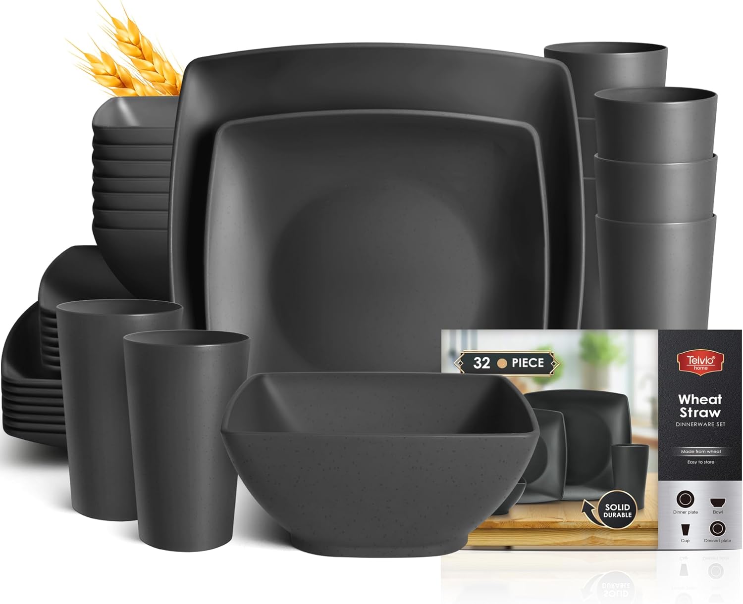 Teivio 32-piece Plastic Wheat Straw Square Dinnerware Set for 8, Unbreakable Dinner Plates, Salad Plates, Snack Bowls, Tumblers, Dishwasher Safe, Black - Image 2