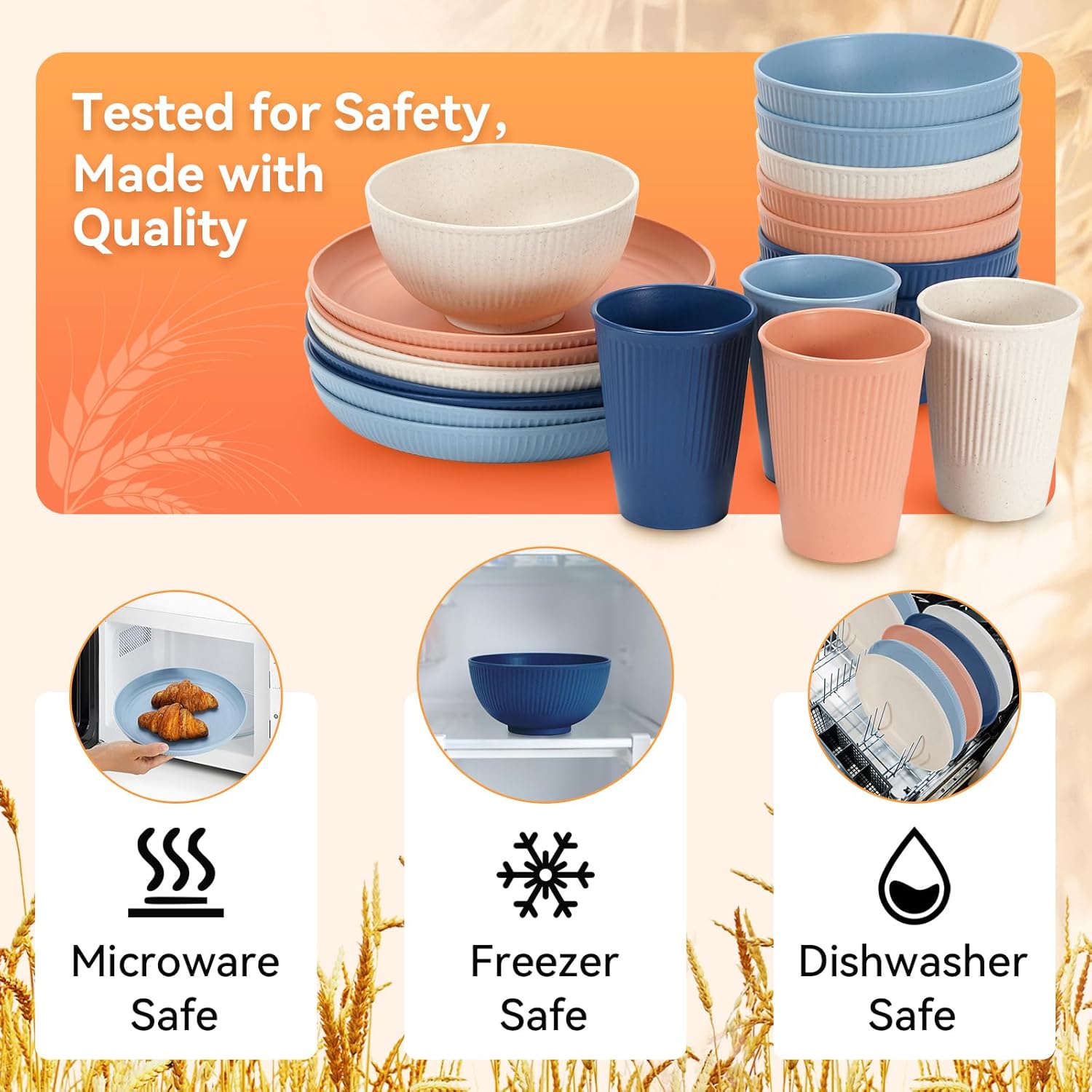 Wheat Straw Dinnerware Sets,64-Piece Black Plates and Bowls Sets for 8-Unbreakable,Reusable Plastic Dish Set-Dinner Plate/Dessert Plate/Cereal Bowl/Cup/Utensils-Microwavable Dishwasher Safe 64P-BLACK - Image 4