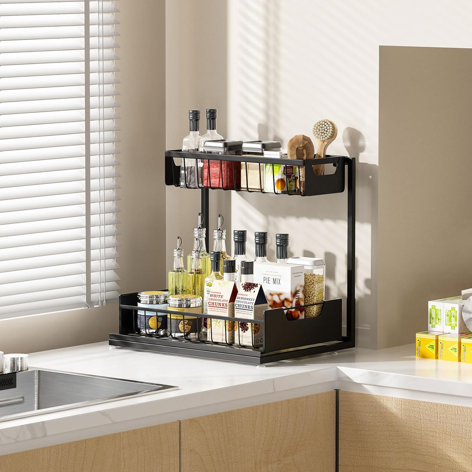 Under Kitchen Sink Organizers and Storage Pull Out 2 Tier Metal Bathroom Cabinet Organizer (Black, 1 Pack) - Image 6