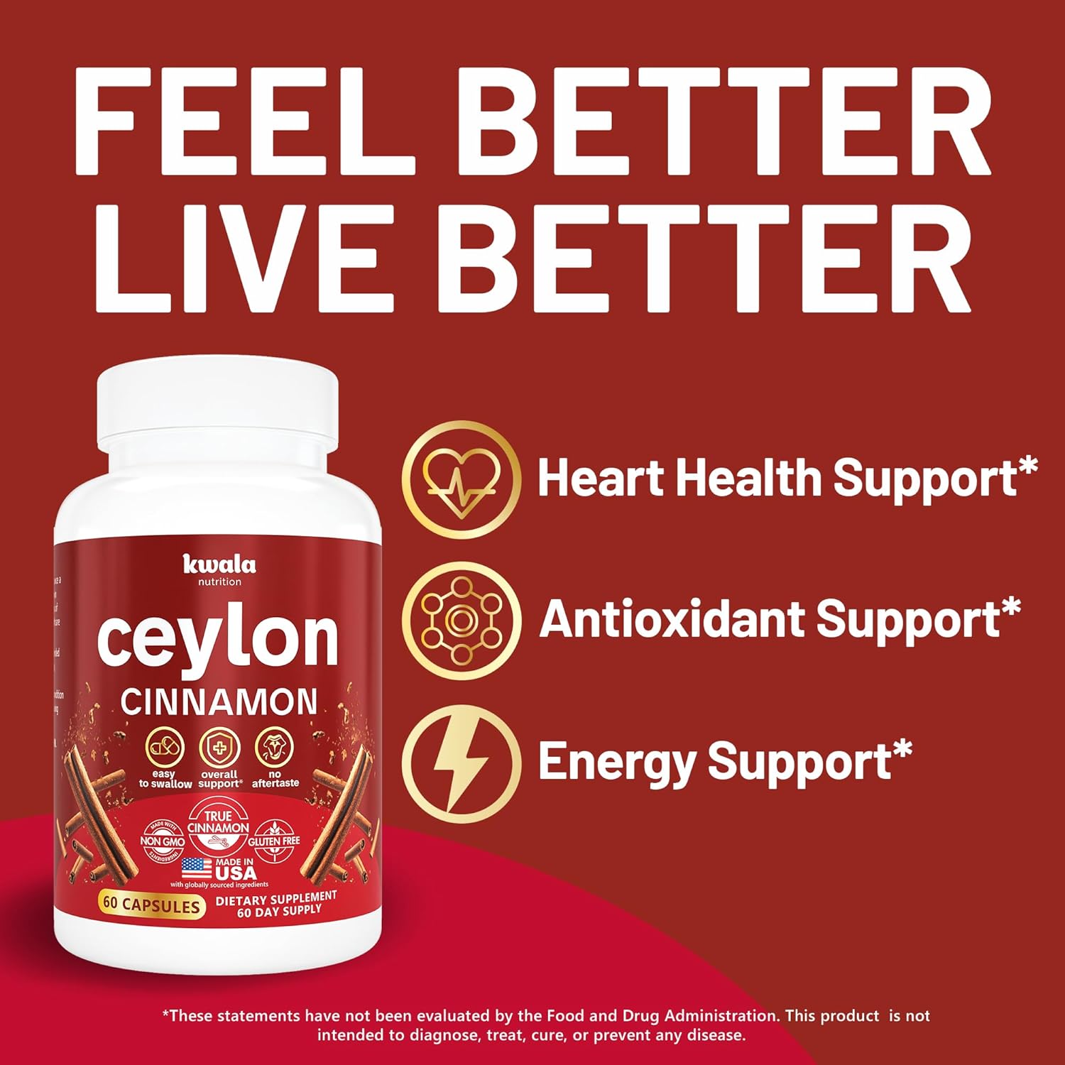 Ceylon Cinnamon Capsules | Pure 2 Month Supply | Ceylon Cinnamon Supplements for Energy, Antioxidant & Wellness Support | Non GMO, Gluten Free | Made in USA | 60 Capsules - Image 3