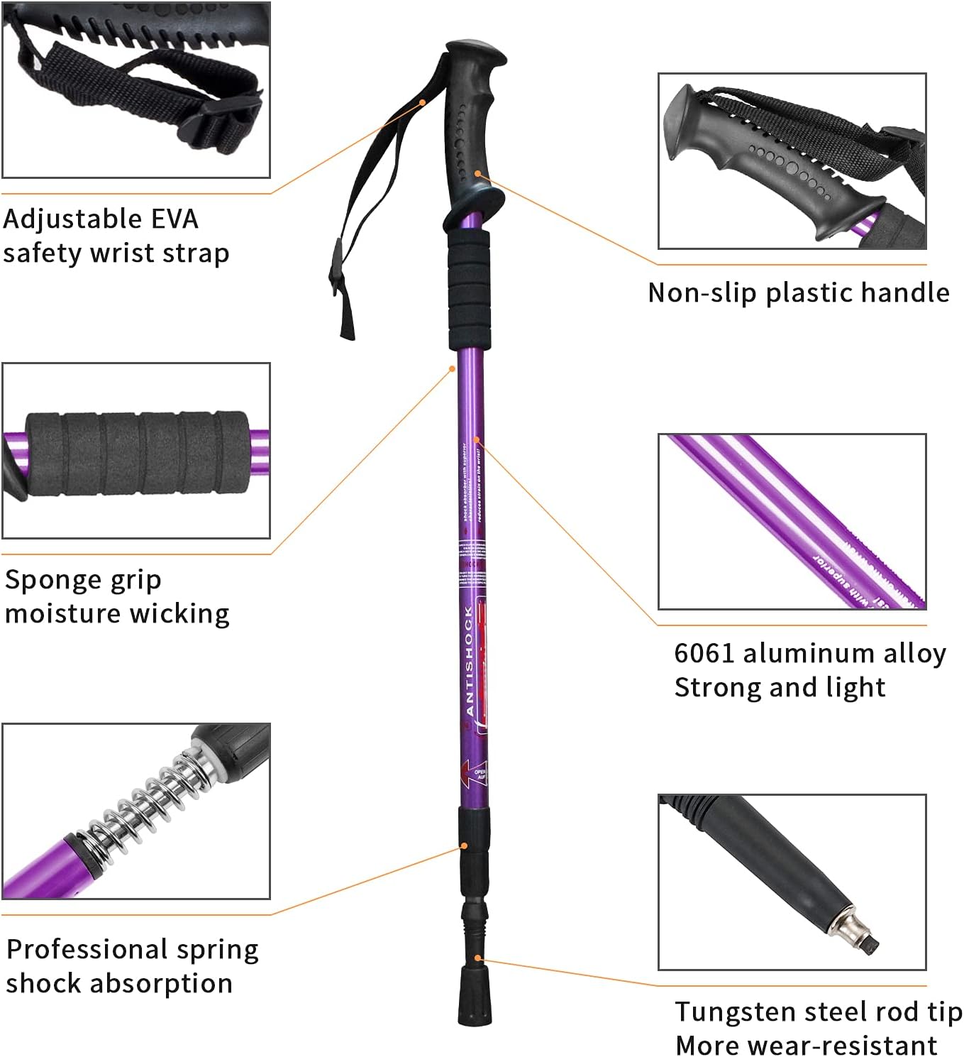 Aihoye Trekking Poles Shock Absorbing Adjustable Hiking or Walking Sticks for Hiking Collapsible Strong, 2-pc Pack Lightweight Walking Pole, All Terrain Accessories and Carry Bag - Image 3