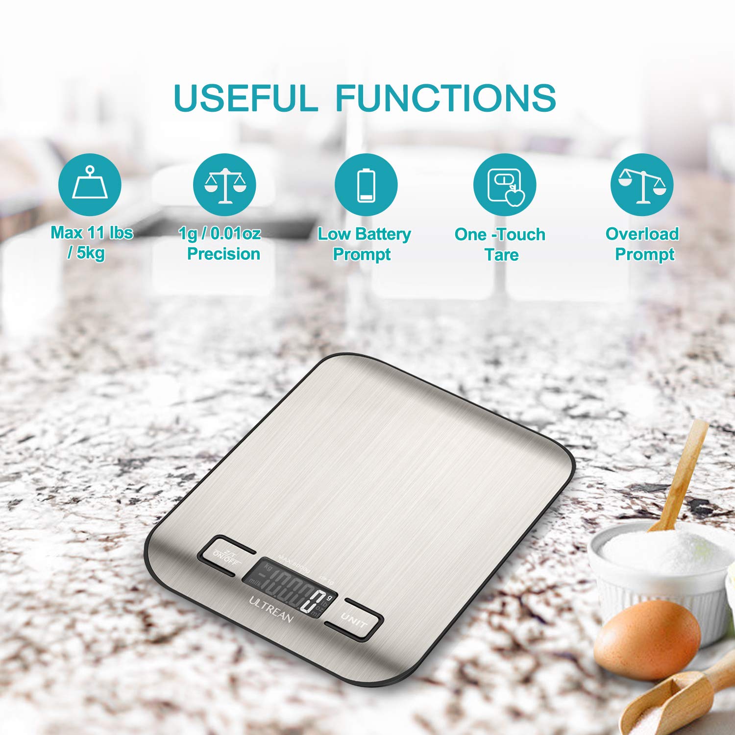Ultrean Food Scale, Digital Kitchen Scale Weight Grams and Ounces for Baking Cooking and Meal Prep, 6 Units with Tare Function, 11lb (Batteries Included) - Image 4