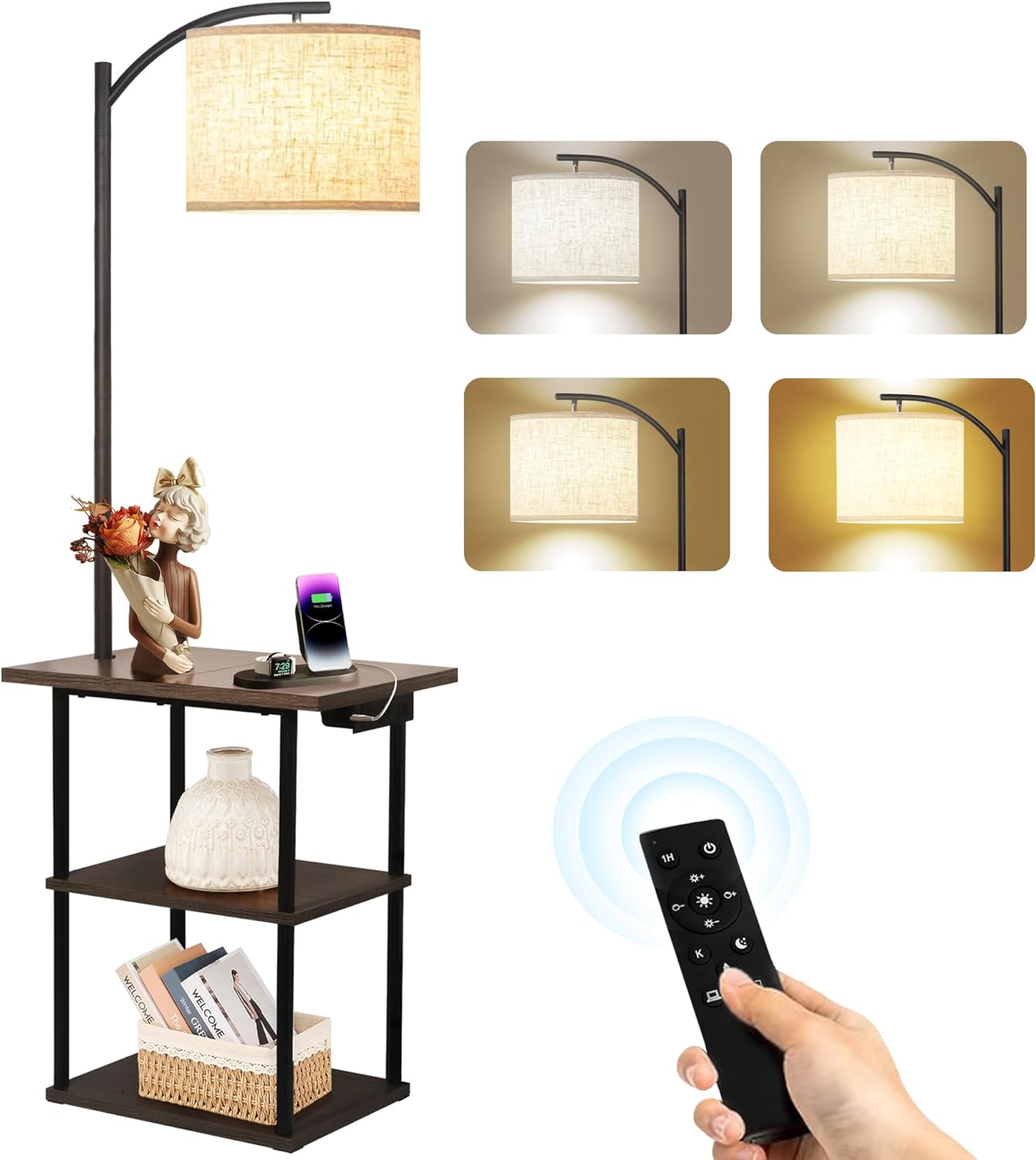 PESRAE Floor Lamp with Remote, Adjustable 3000K-6000K Colors & Brightness Bulb, End Table with Charging Station(USB & Type-C & AC Port), Modern Shelves Side Table for Bedroom, Living Room, Office - Image 2