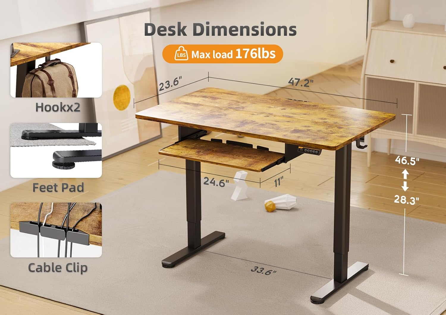 YDN Standing Desk with Keyboard Tray, 48 Inch Height Adjustable Desk, Brown Stand Up Desks for Home and Office, 48inch Rustic Brown - Image 4