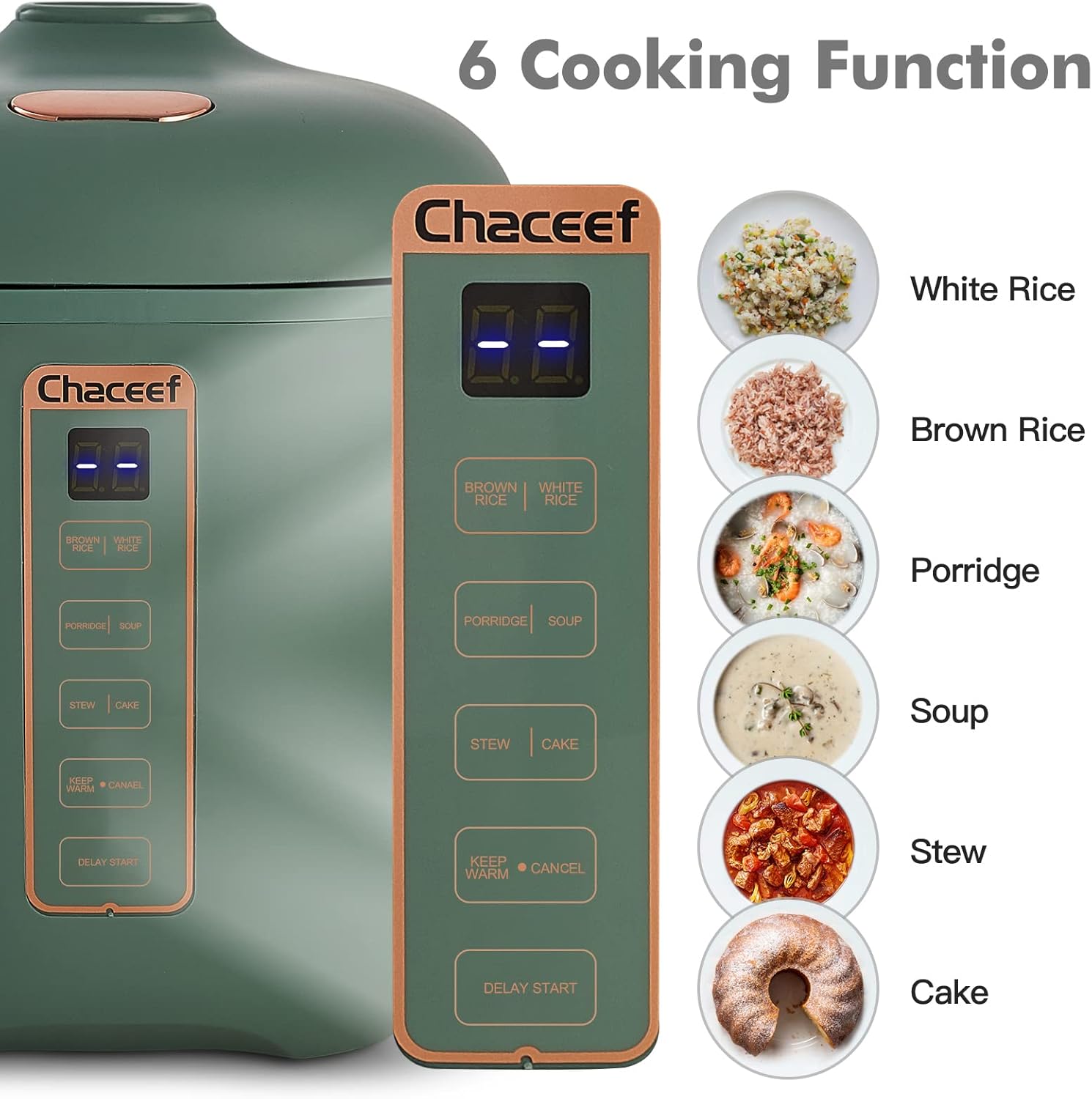 CHACEEF Mini Rice Cooker 2 Cups Uncooked, 1.2L Rice Cooker Small, Portable Non-Stick Small Travel Rice Maker, BPA Free, Smart Control Multifunction Cooker with 24 Hours Timer Delay & Keep Warm Function, Green - Image 3