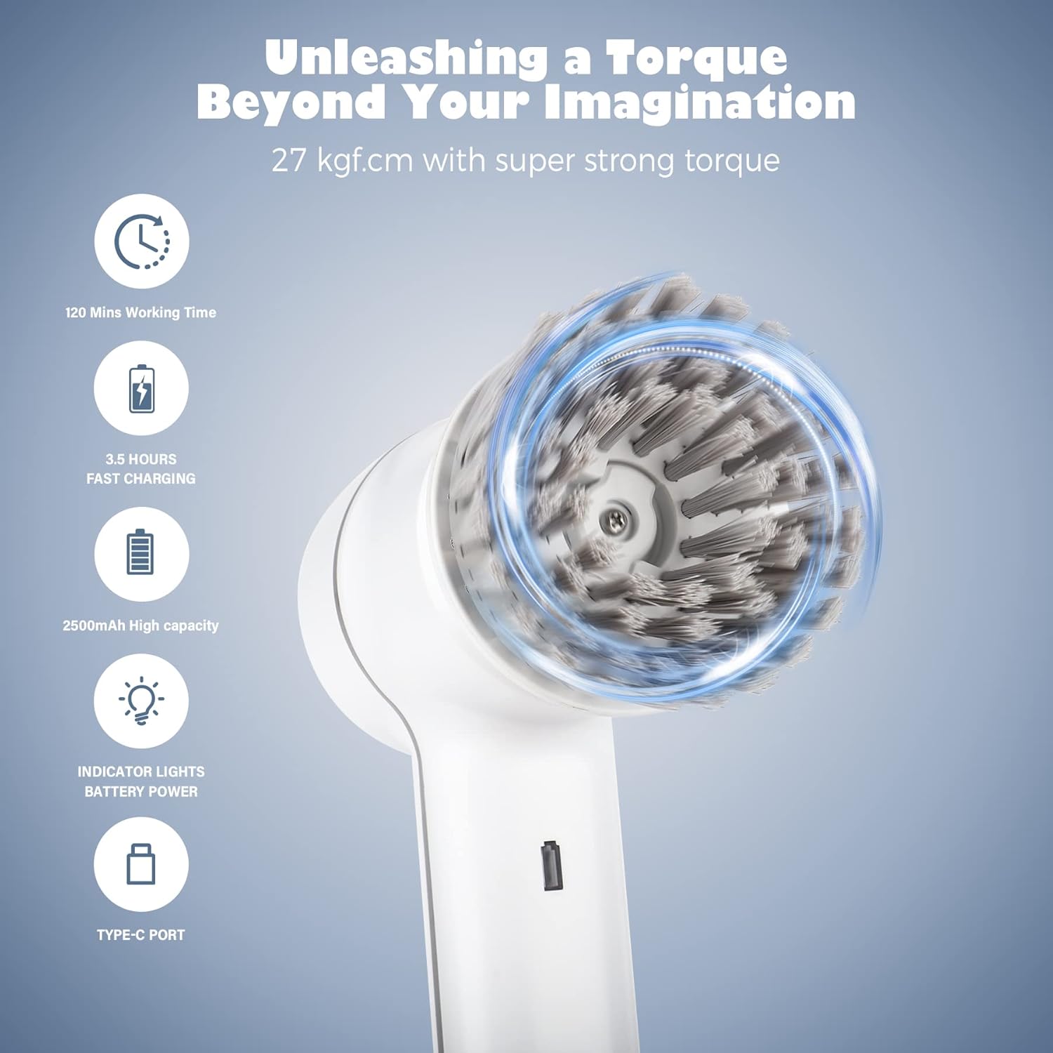 Electric Spin Scrubber Cordless Power Cleaning Brush with 5 Replaceable Brush Heads Rechargeable Scrubber for Bathroom Tub Sink Kitchen Dishes Tile Window Floor Grout, White - Image 3