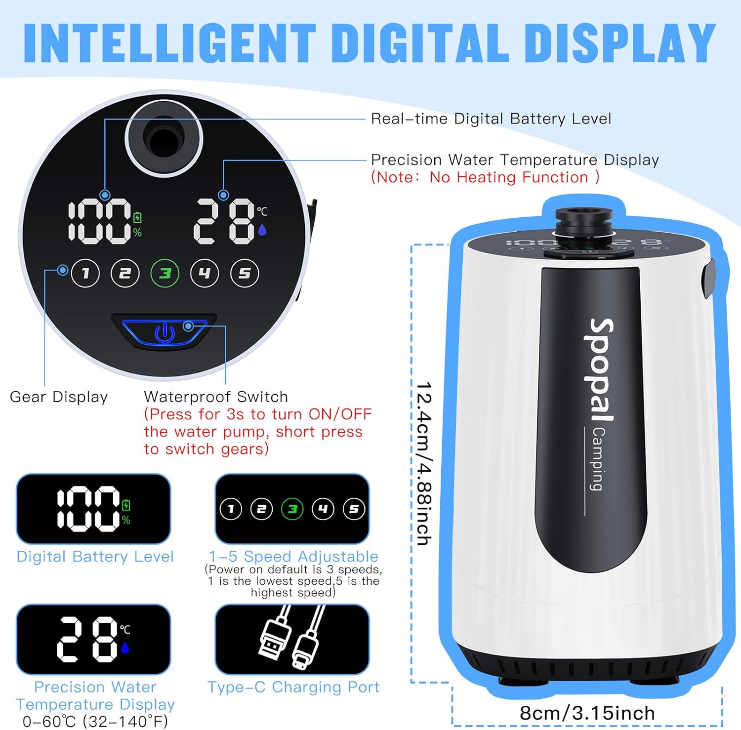 Portable Camping Shower - 10000mAh Rechargeable, 5-Speed, IPX8 Waterproof, LED Display Camp Shower Pump- Perfect for Hiking, Travel, Cars & Pets - Image 5