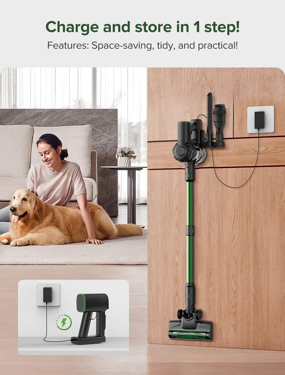 Cordless Vacuum Cleaner, 550W/45Kpa Vacuum Cleaners for Home, Stick Vacuum with Brushless Motor, 45Mins Runtime, Touch Screen, Self-Standing, Lightweight Handheld Vacuum for Pet Hair(Green) - Image 9