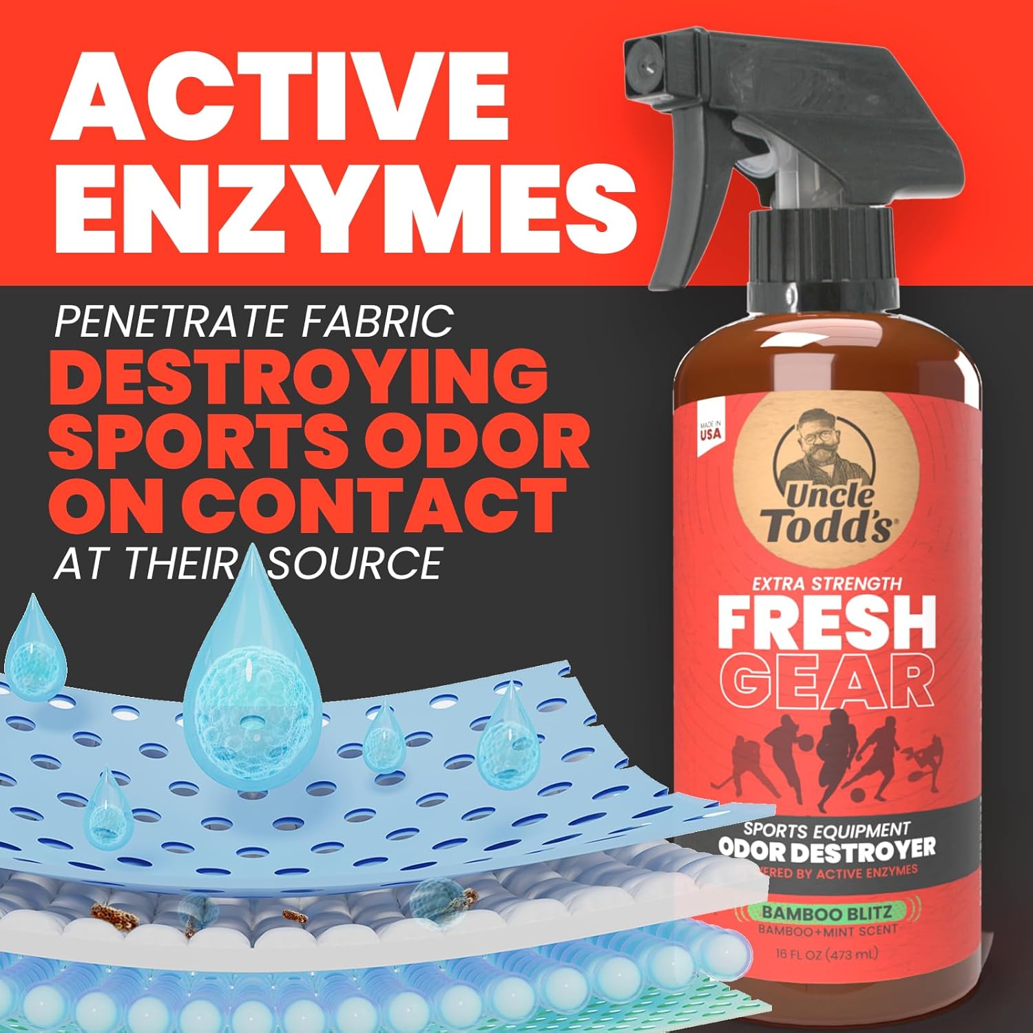 Uncle Todd's Fresh Gear Sports Equipment Odor Eliminator Spray - Extra Strength Enzyme-Powered Deodorizer for Football, Hockey, Gym Bags, and Athletic Gear - Bamboo Blitz Scent - 16 oz - Image 7