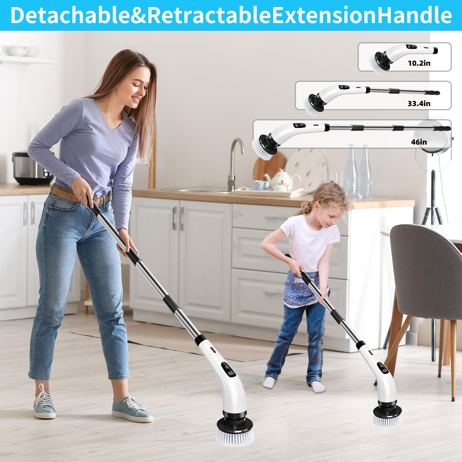 Electric Spin Scrubber, Power Scrubber with 2 Speeds, 8 in 1 Cordless Cleaning Brush and 3 Tier Adjustable & Detachable Shower Scrubber with Long Handle, Scrubber for Bathroom Tub Shower Tile Floor - Image 3