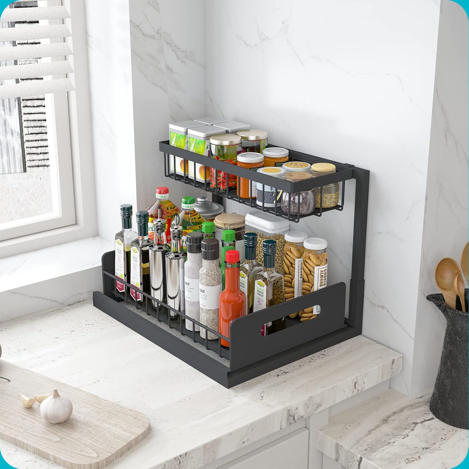 REALINN Under Sink Organizer, Pull Out Cabinet Storage 2 Tier Slide Out Sink Shelf, Kitchen Organizers and Storage, Black, 1 Pack - Image 6