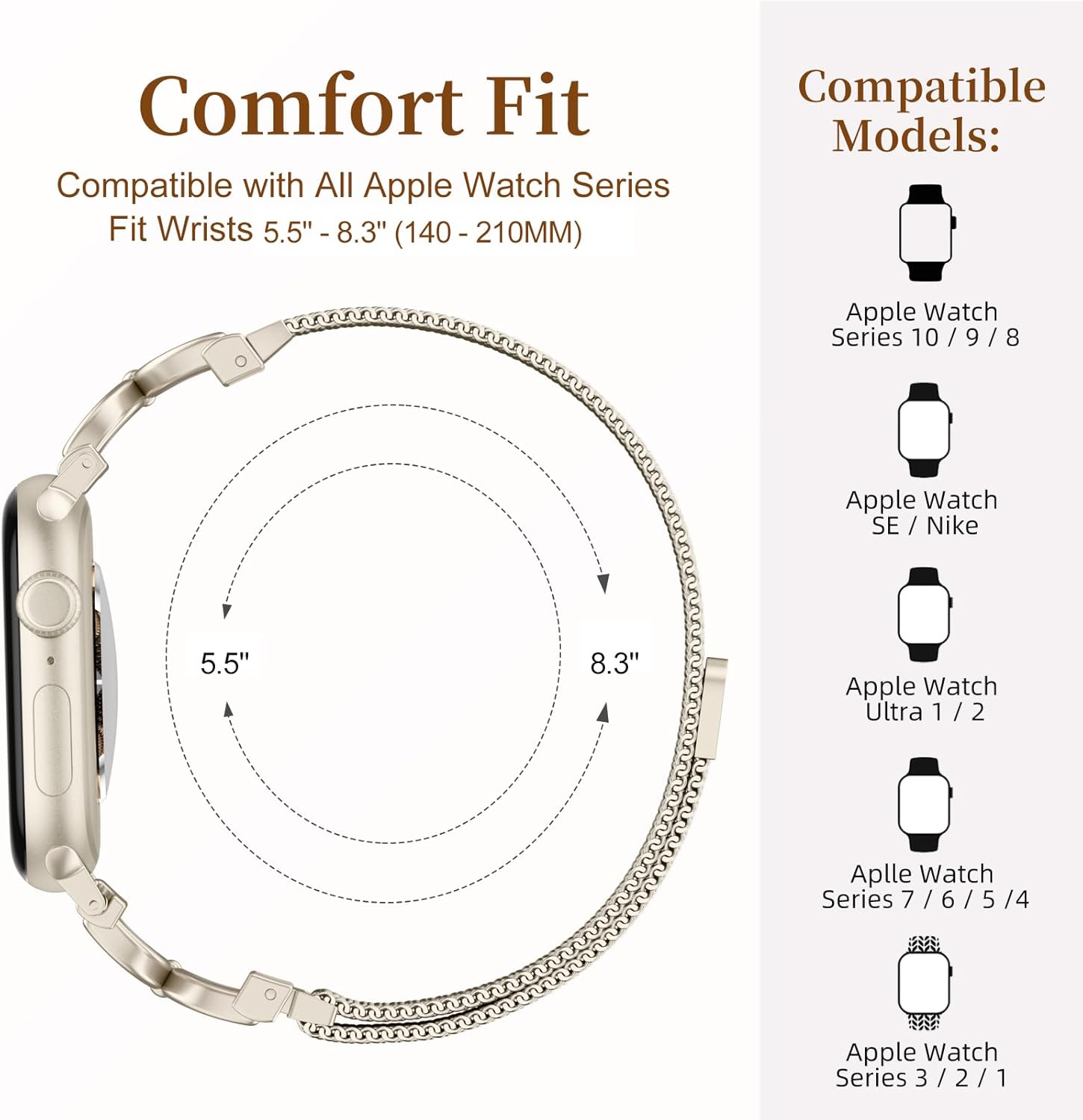 Getino Mesh Loop Compatible with Apple Watch Bands for Women 40mm 41mm 42mm 44mm 45mm 46mm 49mm 38mm Series 10 9 8 7 6 5 4 3 2 1 SE, Metal Stainless Steel Magnetic Strap for iWatch Bands, Starlight - Image 8