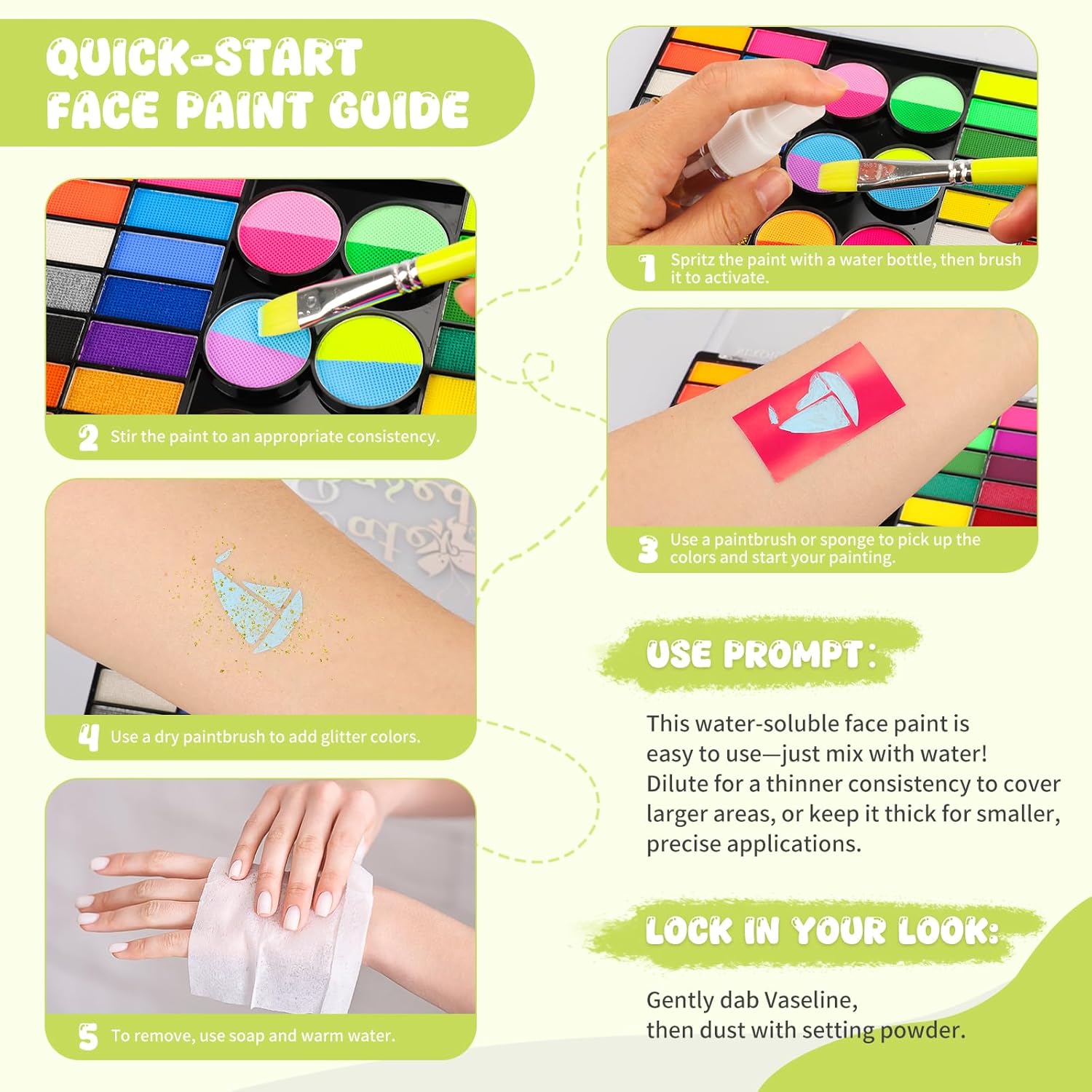44 Color Face Painting Kit for Kids - Non Toxic Water Activated Face Paint Palette with Stencils, Brushes, Gems & Glitter. Halloween, Carnival, Party; Costume Makeup for Creative Activities - Image 7