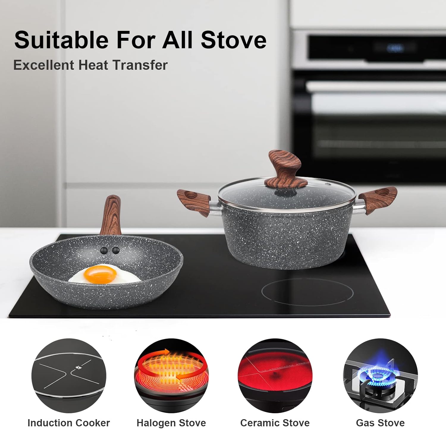 Granite Pots and Pans Set Non Stick, 11 Piece Die-Cast Induction Cookware Set, Nonstick Kitchen Cooking Set w/Frying Pans & Saucepans(PFOS,PFOA,PFAS,PTFE Free) - Image 6