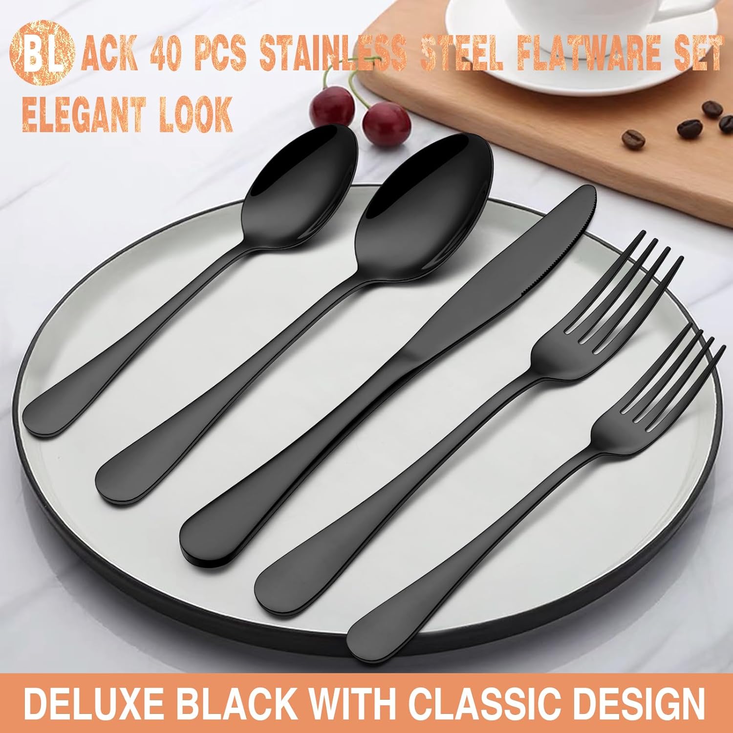 72-Piece Black Silverware Set, Umite Chef Flatware Set with Steak Knives for 12, Food-Grade Stainless Steel Cutlery Set, Includes Spoons Forks Knives, Kitchen Cutlery for Home Office Restaurant Hotel - Image 5