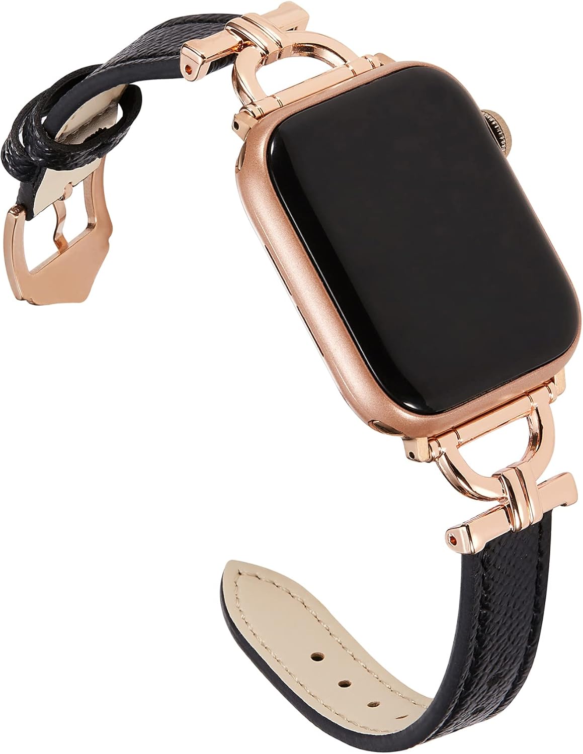 Genuine Leather Band Compatible with Apple Watch Women 38mm 40mm 41mm 42mm(2024 series 10), Designer Slim Leather Strap with D-Shape Gold Metal Buckle for iWatch Series 10 9 8 SE 7 6 5 4 3 2 1, Black - Image 2