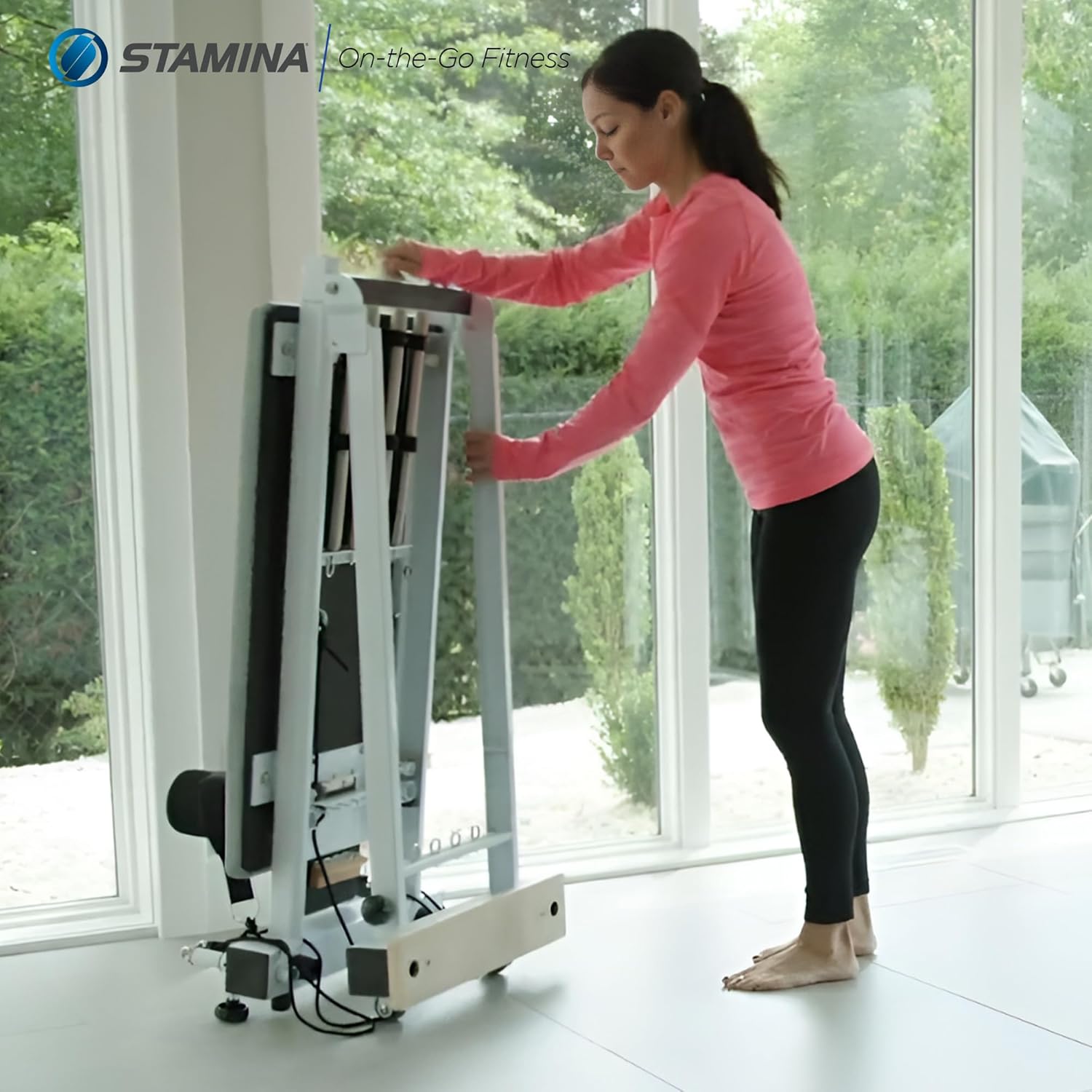 Stamina AeroPilates Precision Series Cushioned Cardio Reformer Resistance Band Foldable Wheeled Pilates Workout Board for Home Gym w/ 2 Videos, White - Image 7
