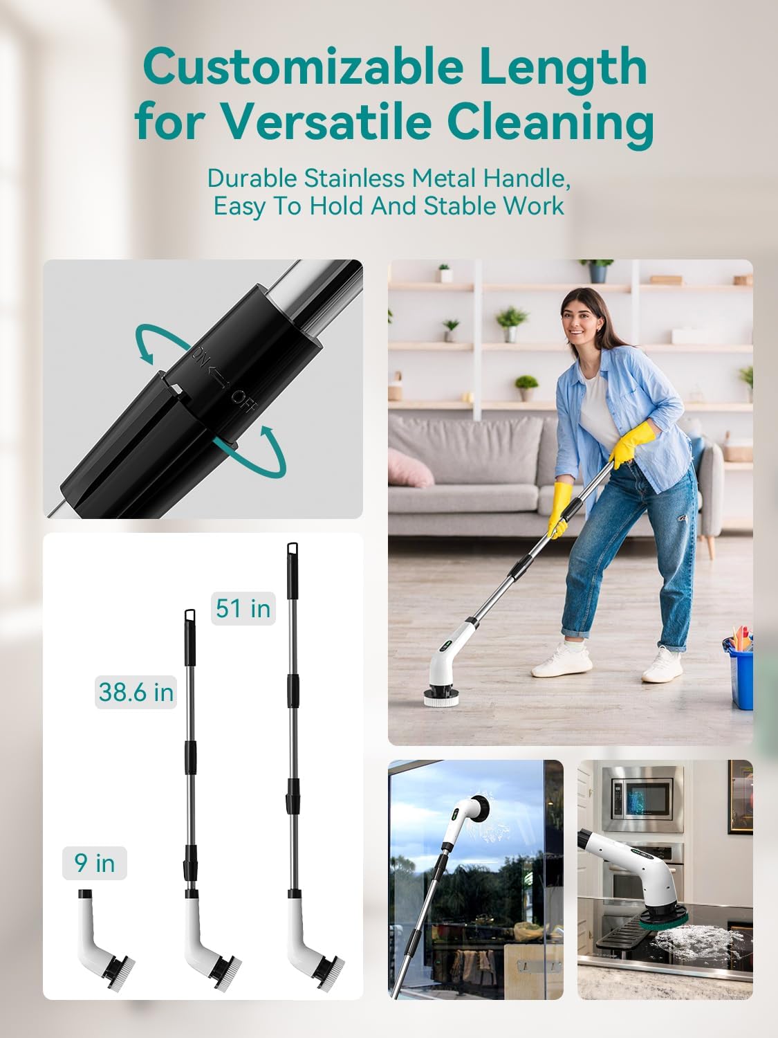 3-Speed Electric Spin Scrubber for Bathroom, 120Mins Runtime, Cordless Power Cleaning Brush with 8 Brush Heads, 3000mAh Shower Scrubber with Long Handle, Floor Scrubber, Grout Brush Bathtub Cleaning - Image 5