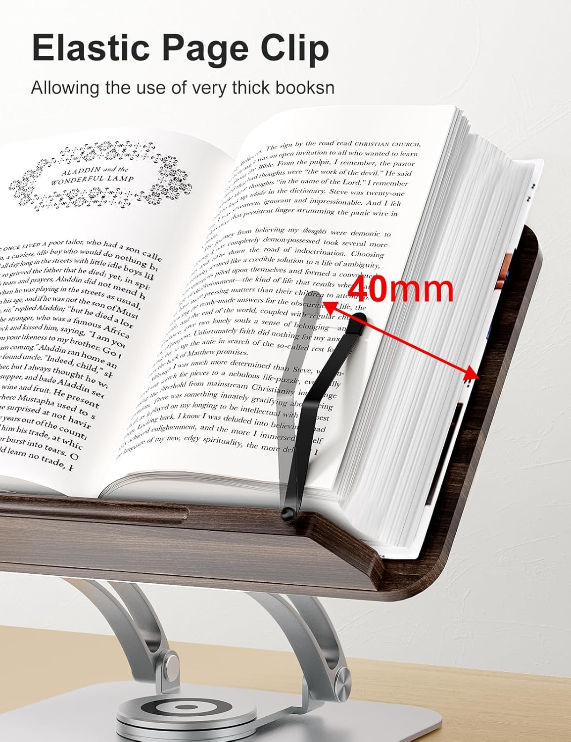 Tounee Book Stand for Reading, Adjustable Book Holder with 360° Swivel Base, Foldable Cookbook Stand Recipe Book Holder with Elastic Page Clips for Music Scores, Recipe, Tablet, Laptop-Silver - Image 5