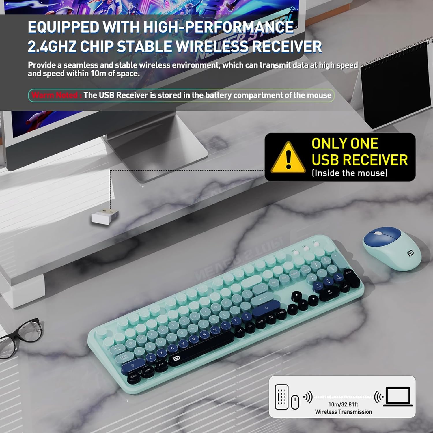 Wireless Keyboard and Mouse Combo, 2.4 GHz Wireless Full-Sized Typewriter with Round Keycaps, Mouse and Keyboard for Windows, Computer, Desktop, PC, Laptop (GradientBlue) - Image 3