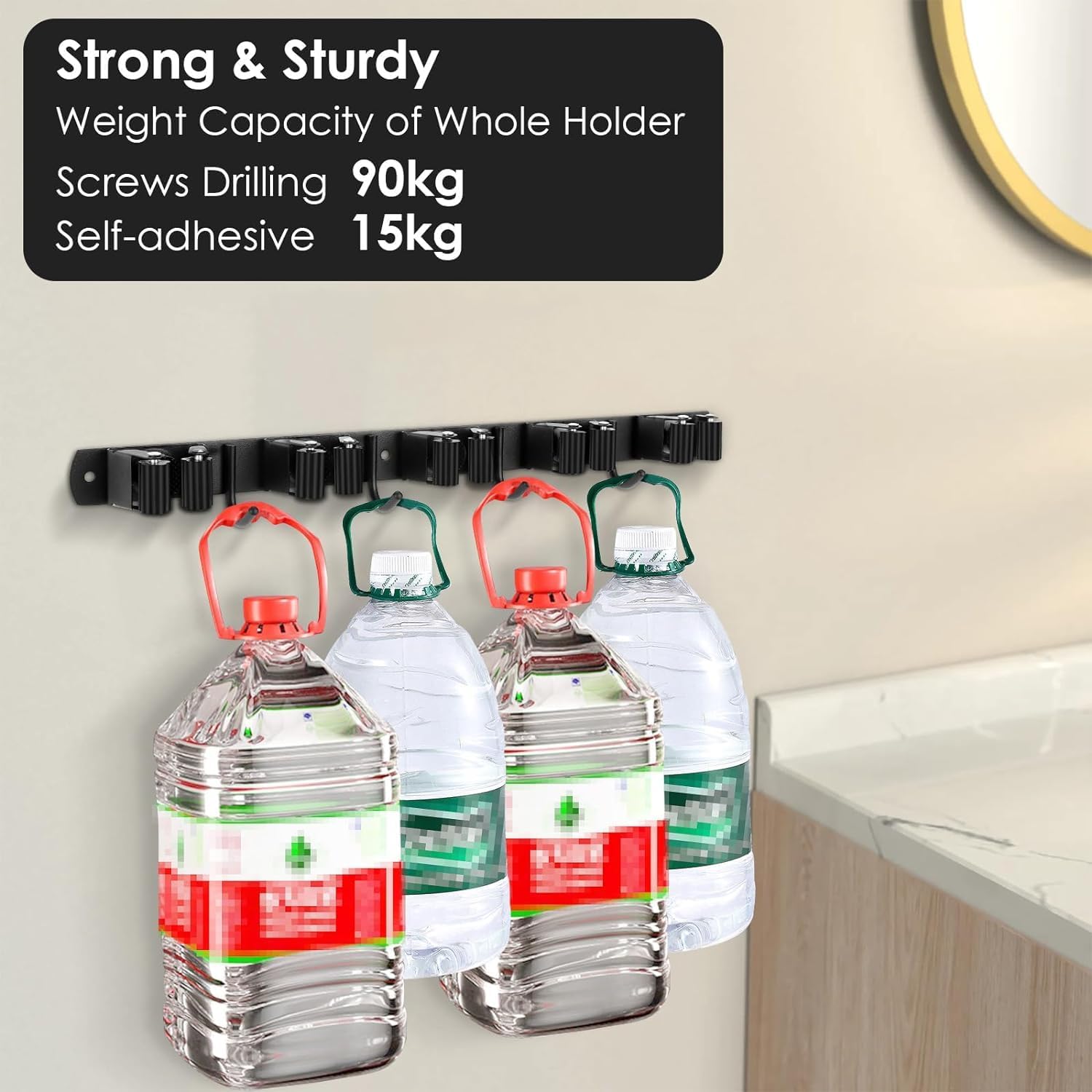 lazycozy® Broom Holder Wall Mount, Mop and Broom Organizer Wall Hanging, 5 Clamps and 4 Hooks + 2 Independent Clamps, Tool Storage Utility Rack for Home Kitchen Garden Laundry Garage - Image 5