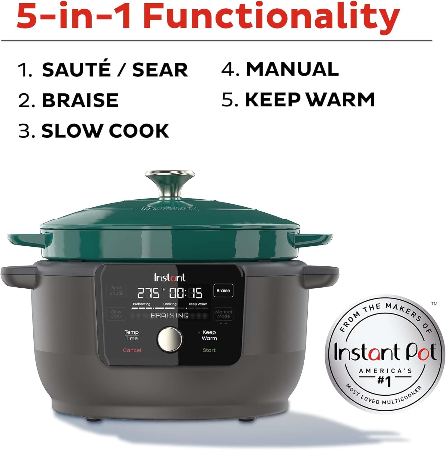 Instant Electric Round Dutch Oven, 6-Quart 1500W, From the Makers of Instant Pot, 5-in-1: Braise, Slow Cook, Sear/Sauté, Cooking Pan, Food Warmer, Enameled Cast Iron, Included Recipe Book, Green - Image 4