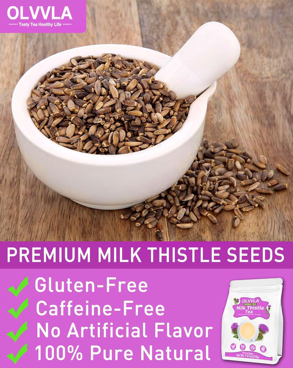 Olvvla - Premium Milk Thistle Tea Bags - 3g X 70 Count - 100% Pure Natural Milk Thistle Seed Herbal Tea - Caffeine-free - Non-GMO - Image 4