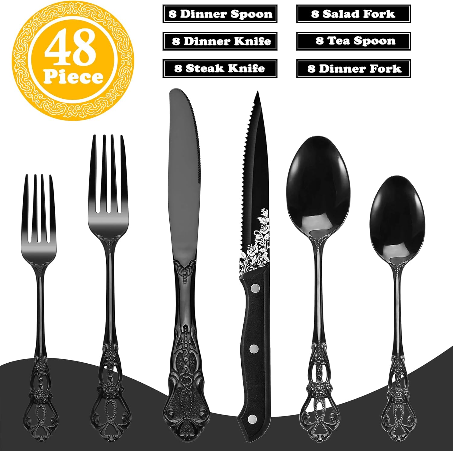 Retro Royal Black 48 Pieces Flatware Set, Gorgeous Black Silverware Set For 8, Anti-rust Stainless Steel dark Cutlery Set Utensils Including Fork Spoon and Knife - Image 3