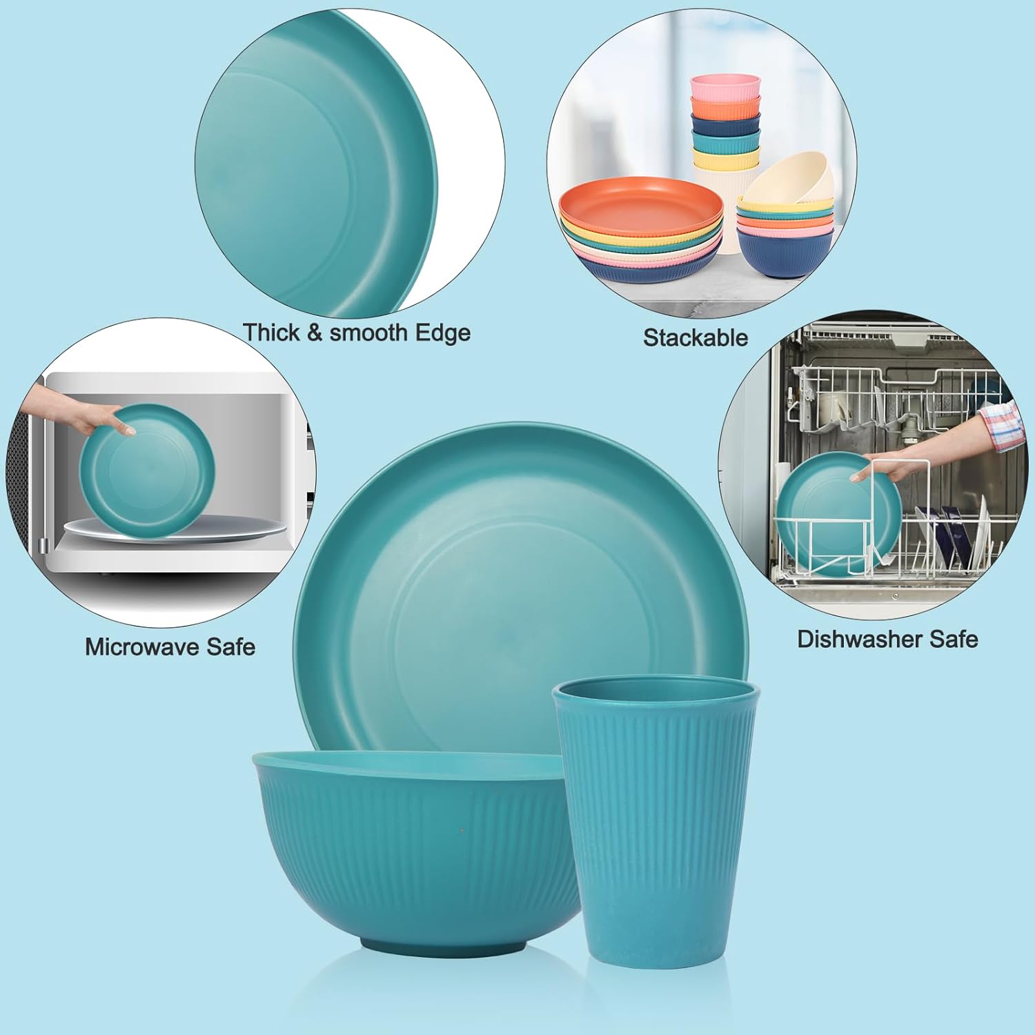 18pcs Wheat Straw Dinnerware Sets, Unbreakable dish Set Reusable Plates, Bowls, and Cups Set dishes Dishwasher Microwave Safe for Kitchen Outdoor Travel Camping (Macron Color) - Image 5