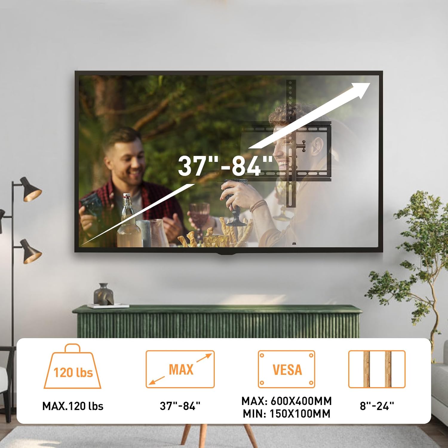 ELIVED TV Wall Mount for Most 37-84 Inch TVs, Max Load Capacity 120 lbs. Tilting tv Mount with Level Adjustment, Wall Brackets Max VESA 600x400mm, Fits 16-24 Inch Studs - Image 6