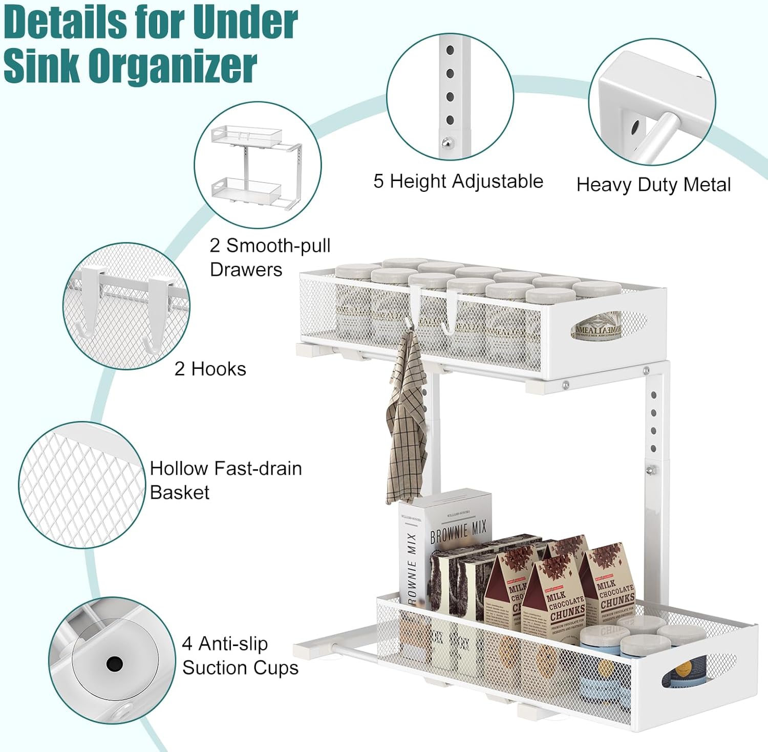 Under Sink Organizer, 2 Tier Metal Pull Out Under Sink Storage with Sliding Mesh Drawers, Height Adjustable Slide Out Under Sink Organizer Shelf for Kitchen Bathroom Cabinet, White - Image 9