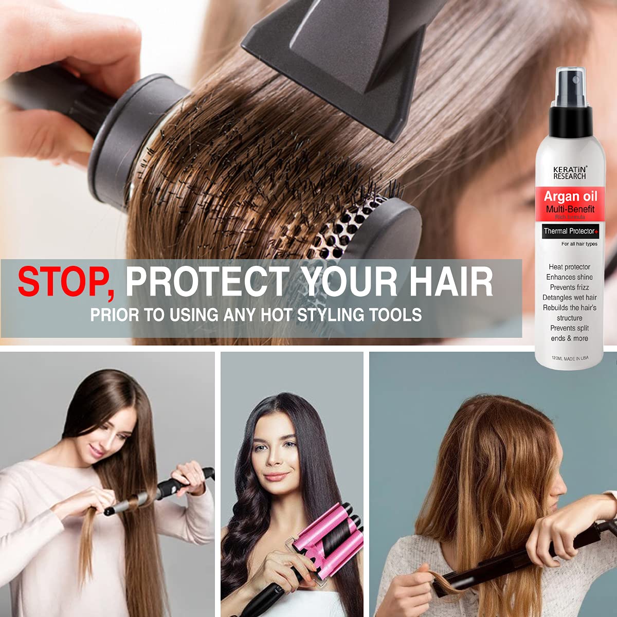 Thermal Hair Protector Spray - Enhances Shine, Eliminates Frizz, Detangles, Prevents Split Ends, Replenishes Nutrients, Heat Activated for Styling - Image 5