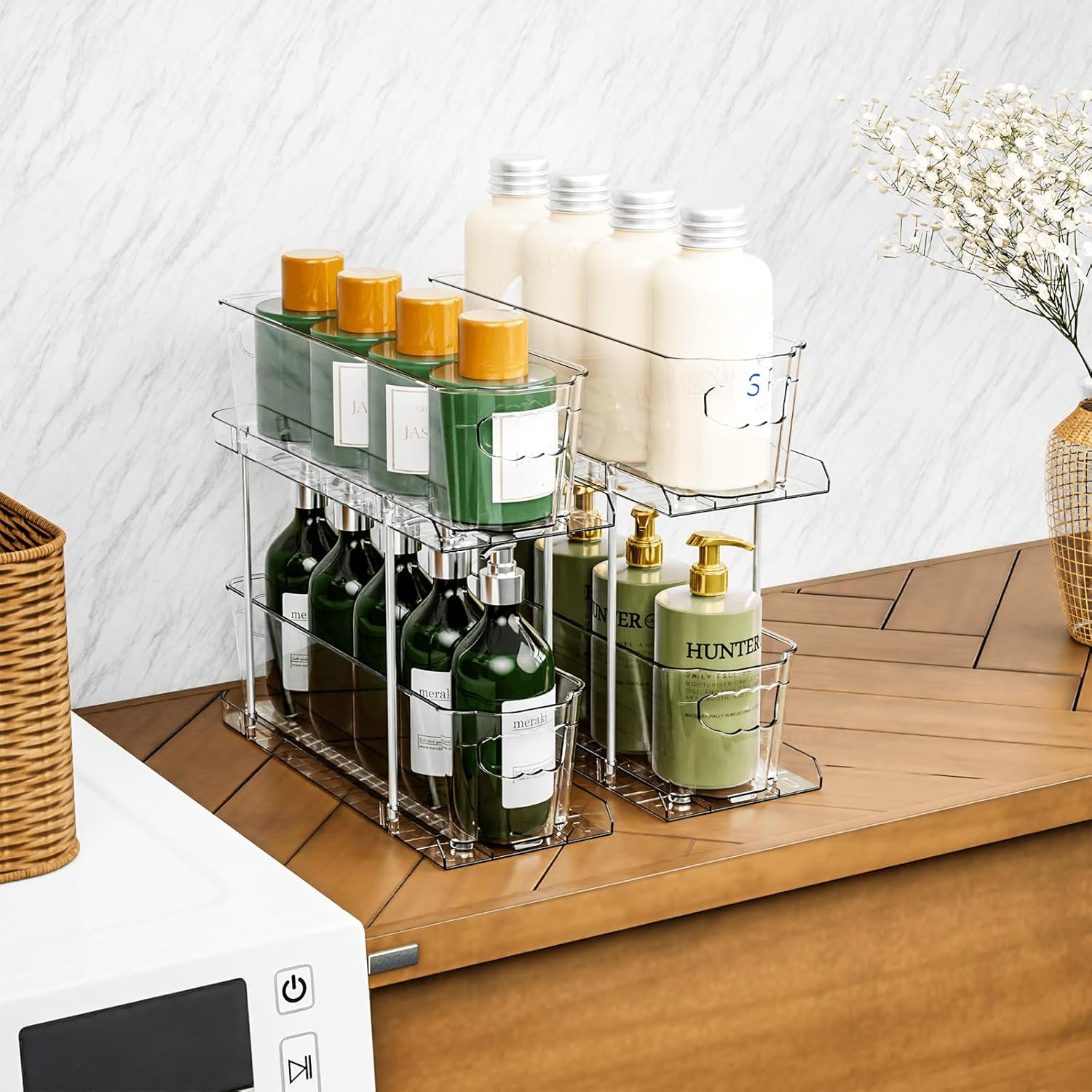 4 Set 2 Tier Bathroom Under Sink Organizers and Storage - 14.8"Deep x 5.1" Width - Suitable as Pantry Drawers Slide Out Shelves,Under Kitchen Sink Organizer,Narrow Pull Out Under Cabinet Organizer - Image 3