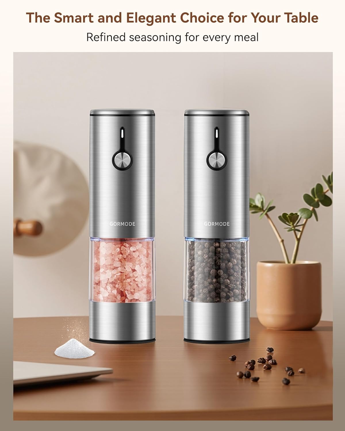 Large Capacity Rechargeable Electric Salt and Pepper Grinder Set -USB Charging Port with Sliding Dust Cover; Automatic Salt and Pepper Mill Grinder With LED Light-6 Adjustable Grinding Modes - Image 5