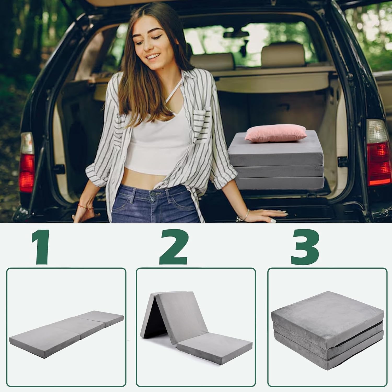 Memory Foam Camping Mattress, Car Camping Bed Mattress with Dust Cover, Portable Waterproof Camping Pad Mat, for Outdoor Sleeping, Foldable, for Travel Truck Bed Tent - Image 4