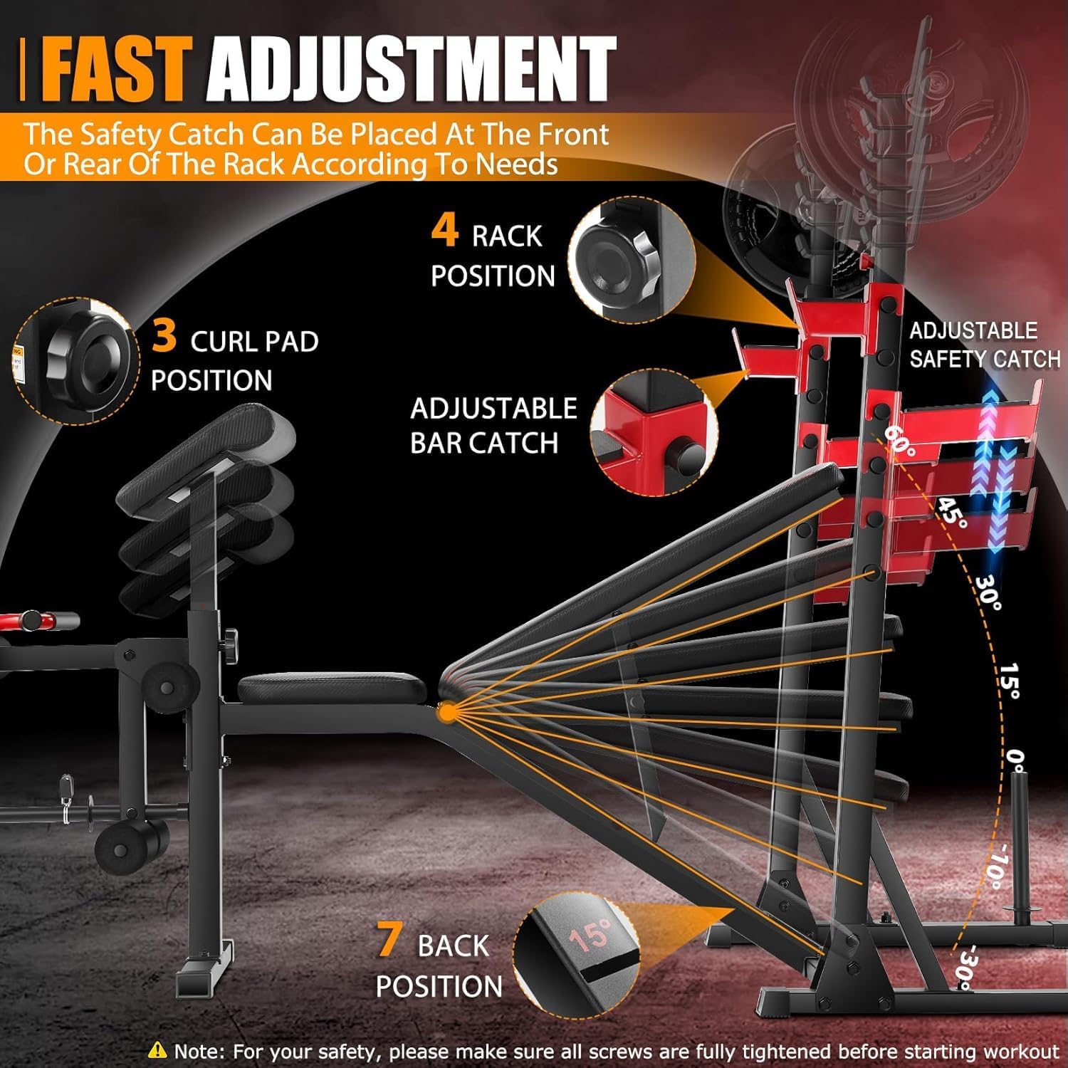 OPPSDECOR Professional Weight Bench Set with Barbell/Squat Rack, 900LBS Heavy Duty Bench Press Set with Leg Curl/Extension and Preacher Curl, Adjustable Full-Body Workout Bench for Home Gym Fitness - Image 6